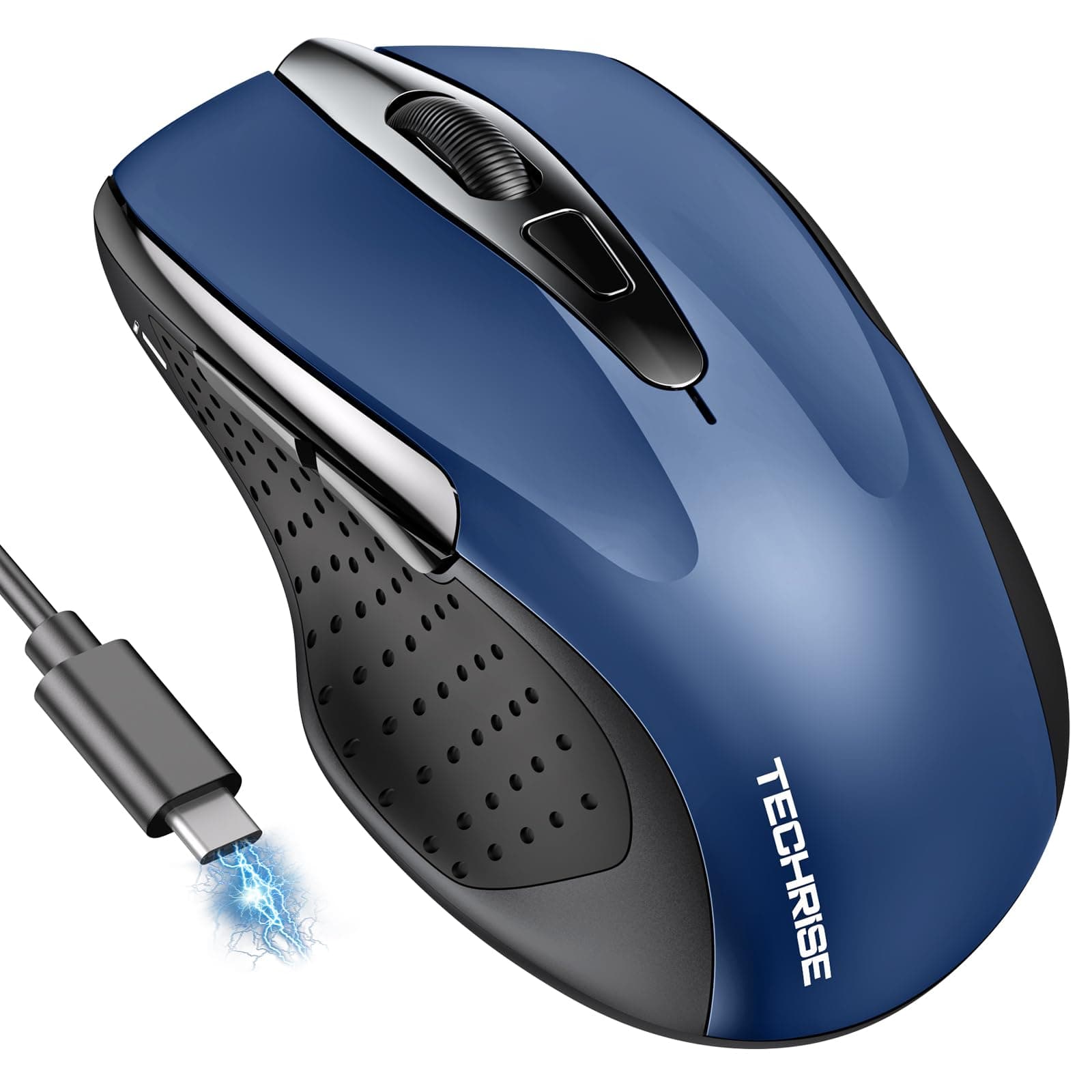 TechRise Bluetooth Maus, 2.4G Maus Kabellos (BT 5.0/3.0 + 2.4G) 4800 DPI Wiederaufladbare Ergonomische Mouse mit USB-A Empfänger, 6 Stufen DPI Stille Funkmaus für Laptops, Computer, PC, Windows, Blau