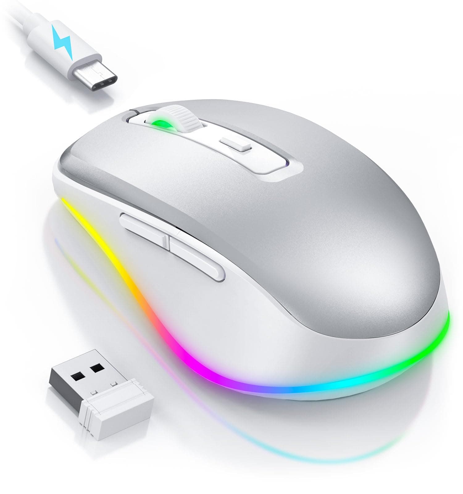 Seenda Kabellose LED Maus Wiederaufladbar mit Jiggler, Leise 2.4G USB Funkmaus für Laptop, Computer Beleuchtet DPI 2000 für PC, Windows, MAC OS (Weiß&Silber)