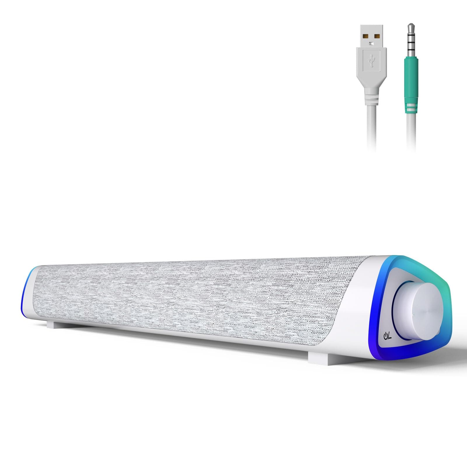 SOULION R30 Computer Lautsprecher, USB-betriebene kleine PC Lautsprecher, Bunte LED Lichter mit Schaltertaste, Surround Sound, tragbarer Computer Soundbar Lautsprecher für Desktop Laptops, Weiß