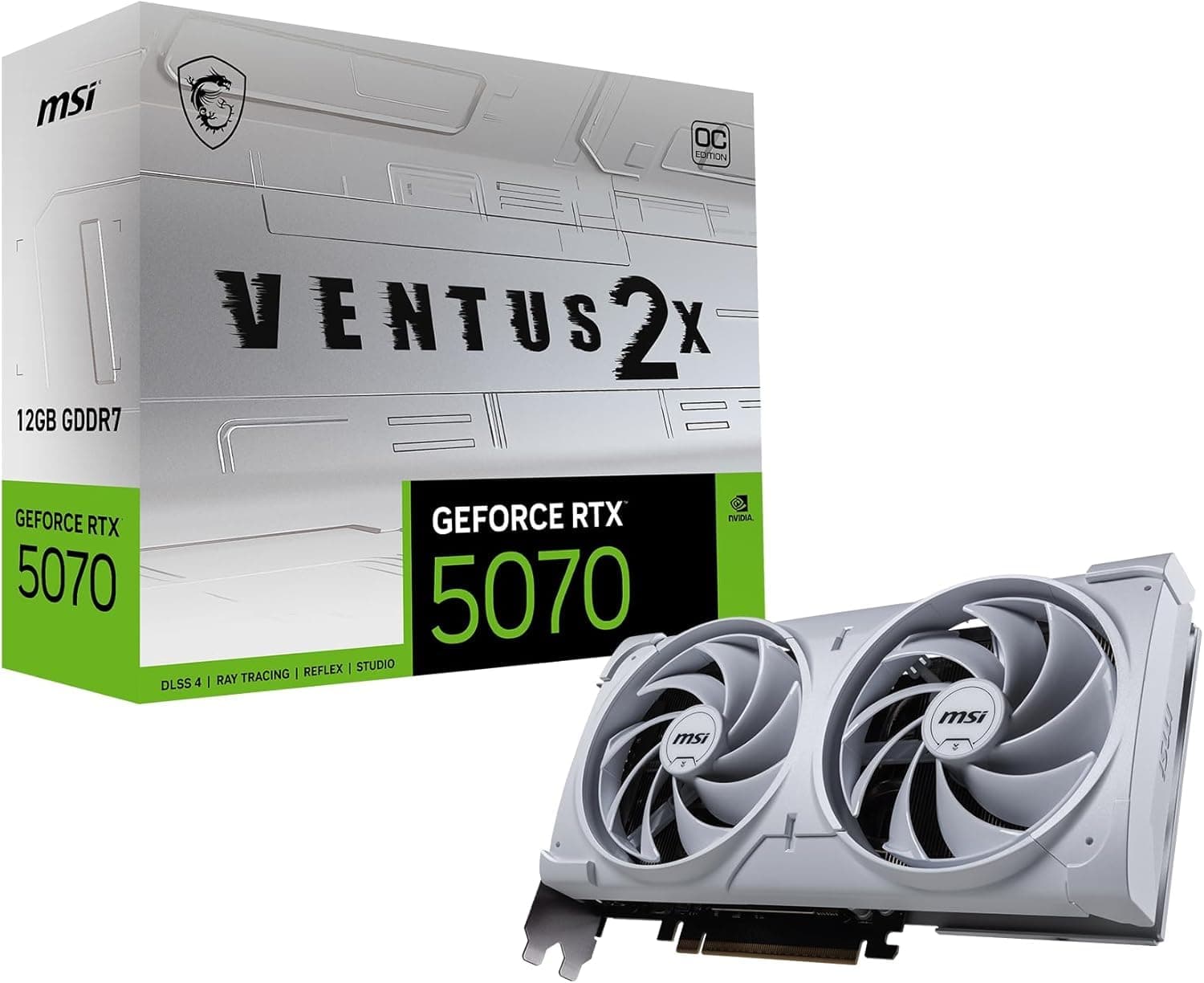 MSI GeForce RTX 5070 12G Ventus 2X OC White - 12GB GDDR7 (28Gbps/192-bit), PCIe 5, Boost: 2542 MHz, HDMI 2.1b, DisplayPort 2.1b