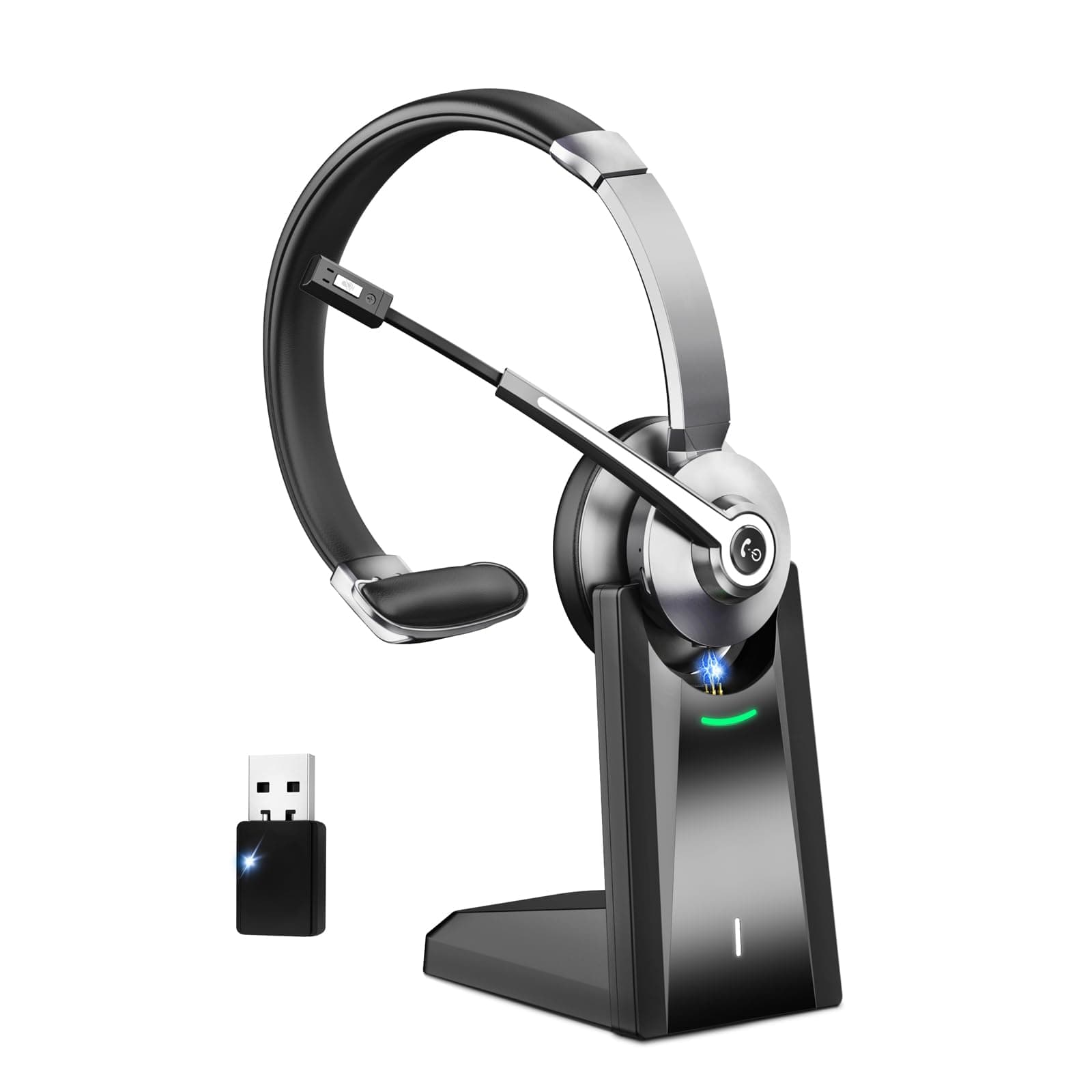 Bluetooth Headset mit Mikrofon，Kabelloses Headset mit USB Dongle & Ladestation, Wireless Office Headset mit Stummschaltung & Rauschunterdrückung Mikrofon für Computer/Call Center/Büro/HomeOffice/Teams