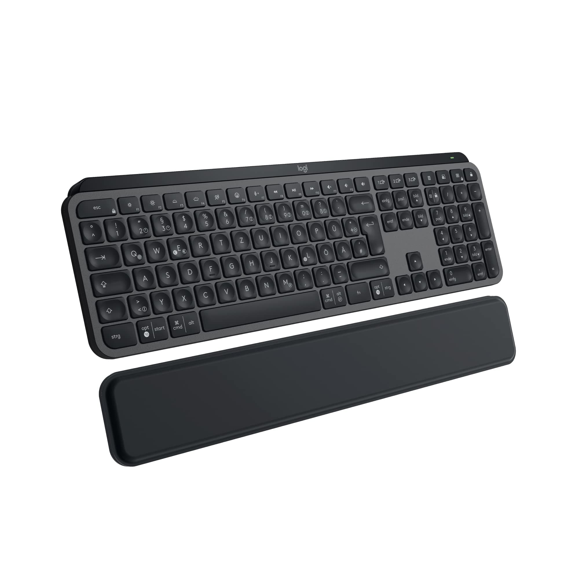 Logitech MX Keys S Plus kabellose Tastatur Uns MX Palm Rest Low Profile, Fluid Quiet Typing, Programmable Keys, Backlighting, Bluetooth, USB C, Windows PC, Linux, Chrome, Mac, Deutsches QWERTZ - Grau