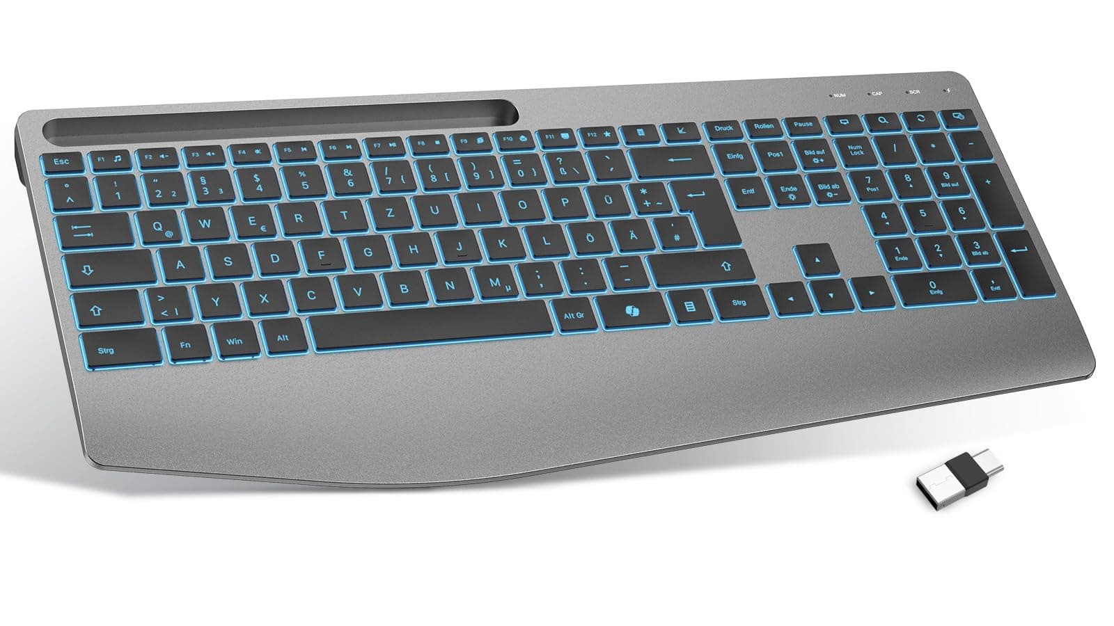 TECURS Kabellose Tastatur mit Handballenauflage, 2,4 GHz Ergonomische Tastatur QWERTZ mit Copilot, Hintergrundbeleuchtung, Leise Wiederaufladbar Funktastatur für Windows, PC, Laptop