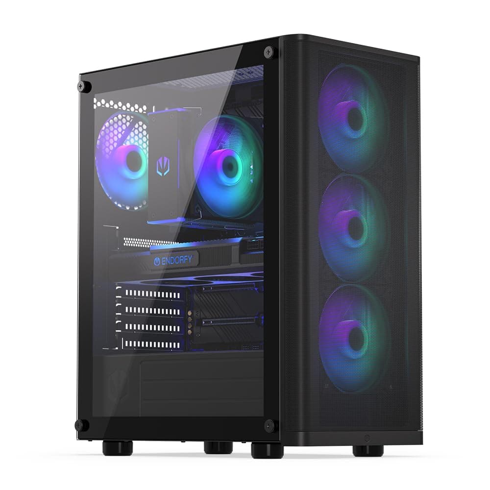 ENDORFY Ventum 200 ARGB, Gaming pc gehäuse ATX, 4X 120mm ARGB Lüfter enthalten, Seite aus gehärtetem Glas, Frontblende aus Mesh, Breite Kühlkompatibilität, Kompakter Formfaktor, EY2A014