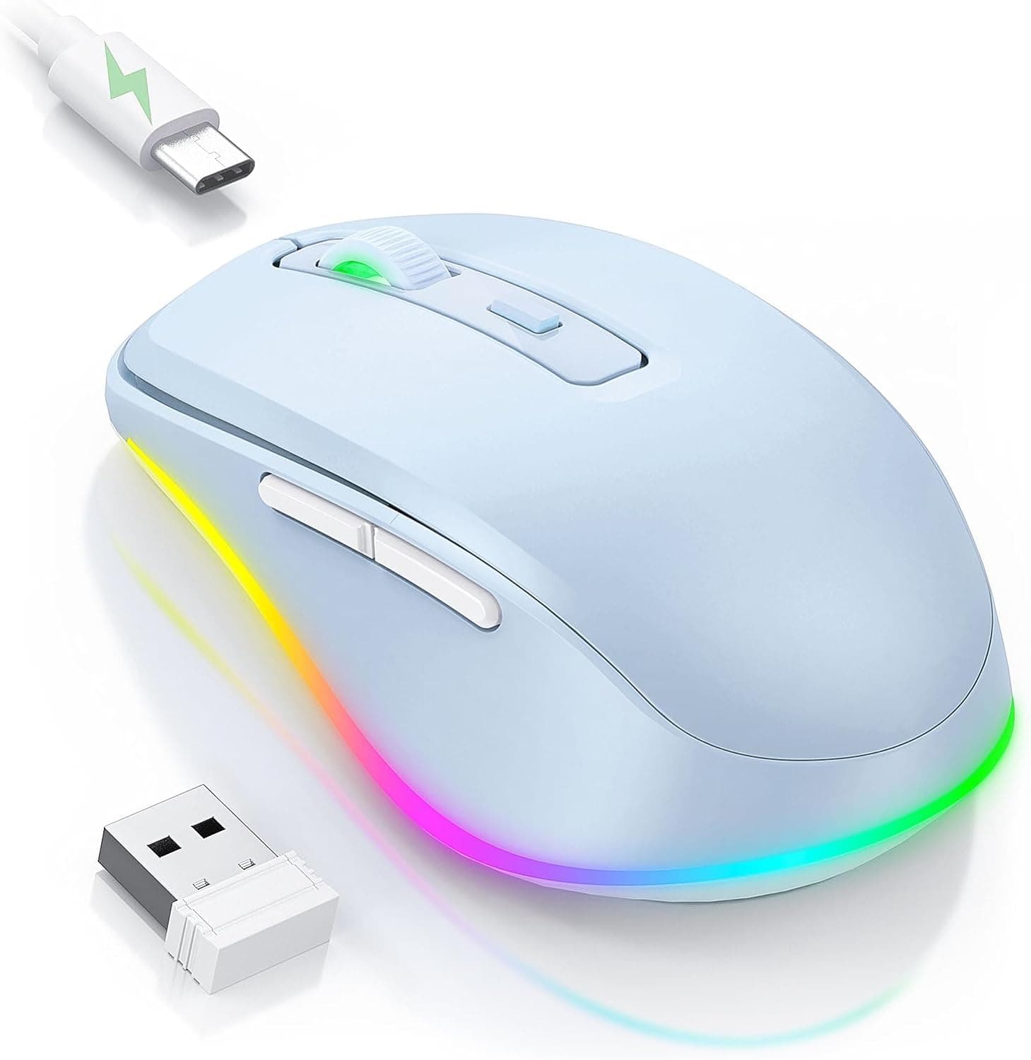 Seenda Kabellose LED Maus, Wiederaufladbar Mit Jiggler, Leise 2.4G USB Funkmaus für Laptop, Computer - Beleuchtet DPI 2000 für PC, Windows, MAC OS (Hellblau)