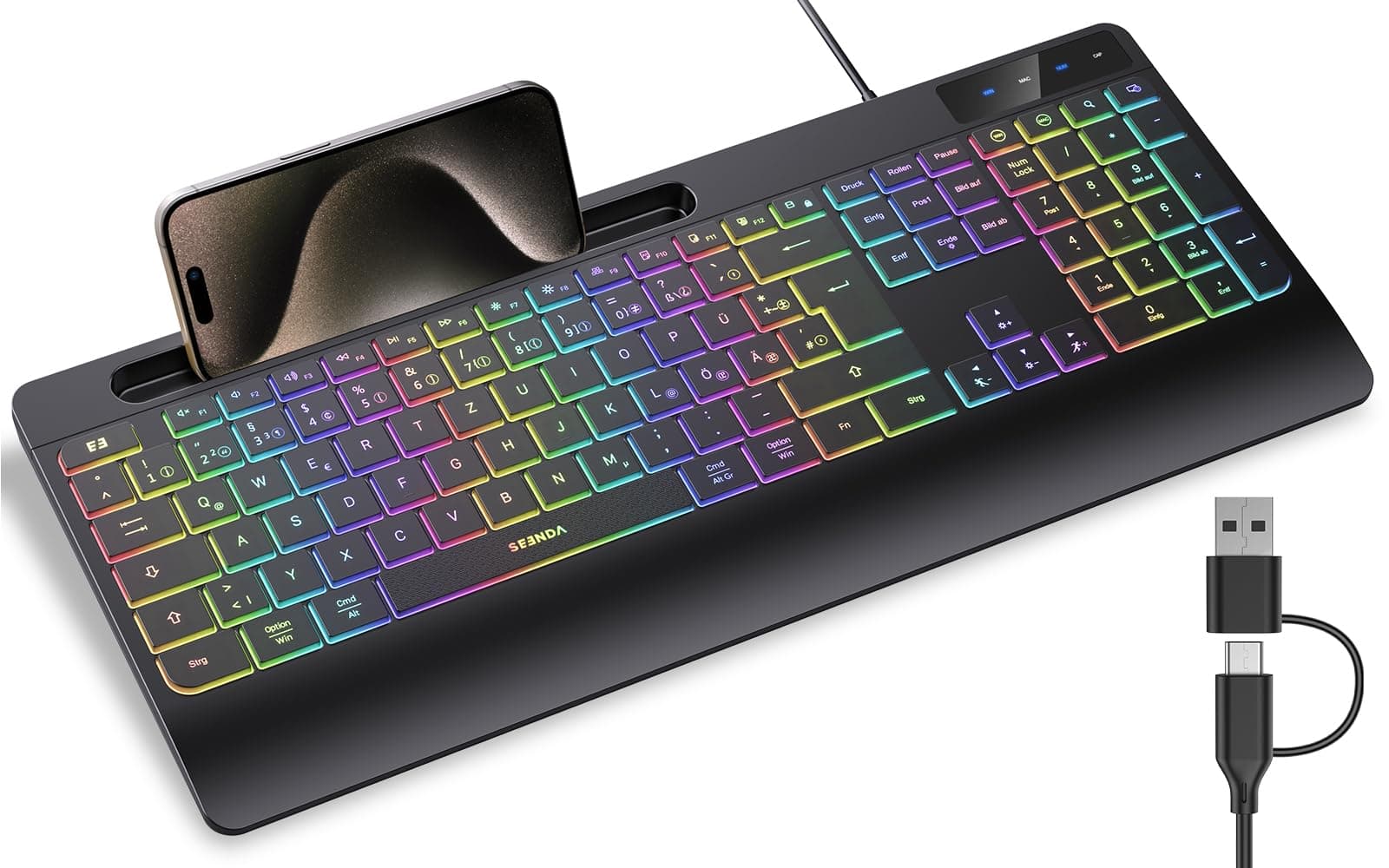 seenda KOE200 Kabelgebundene Tastatur beleuchtet, ergonomische Tastatur mit Handyhalter und Handballenauflage für PC/Tablet/Smarthandy/Windows/Mac, USB & Typ C Kabel, leise Klicken - QWERTZ Layout