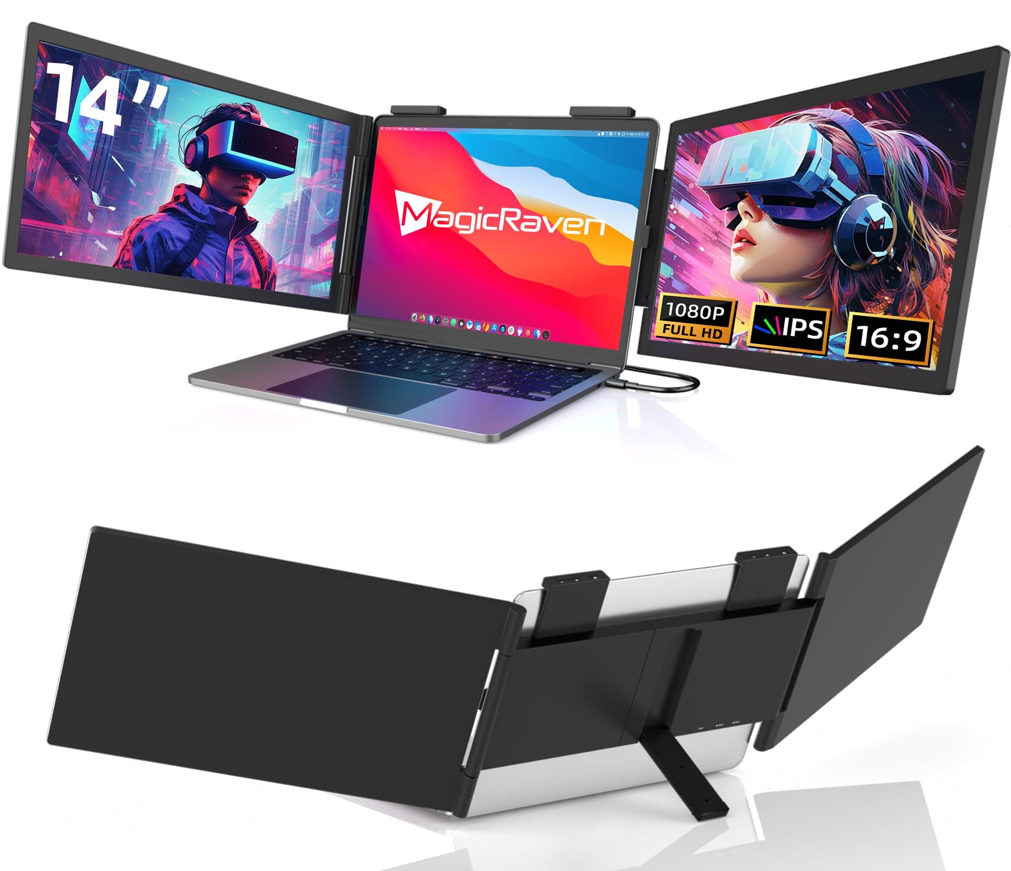 MAGICRAVEN Laptop Bildschirm Erweiterung, 14" FHD 1080P Triple Portable Monitor, Tragbarer Monitor für Laptop 14"-16", USB C Monitore Erweiterung für Mac, Windows, Android, Chrome, Plug and Play