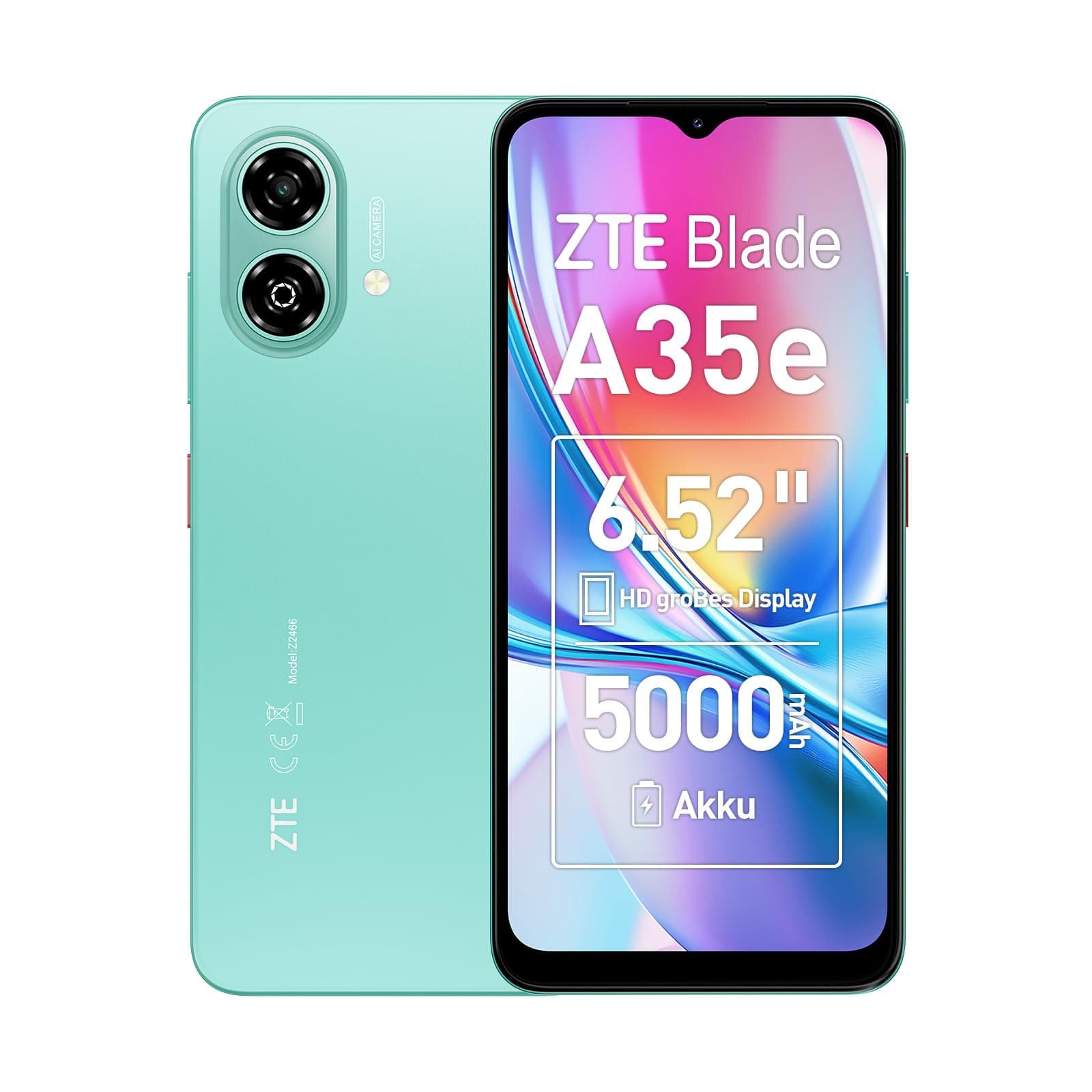 ZTE Blade A35e, Android-Handy，Smartphone ohne Vertrag: 2GB+64GB Speicher, Grün, 5000 mAh Batterie & 6.52" HD+Display