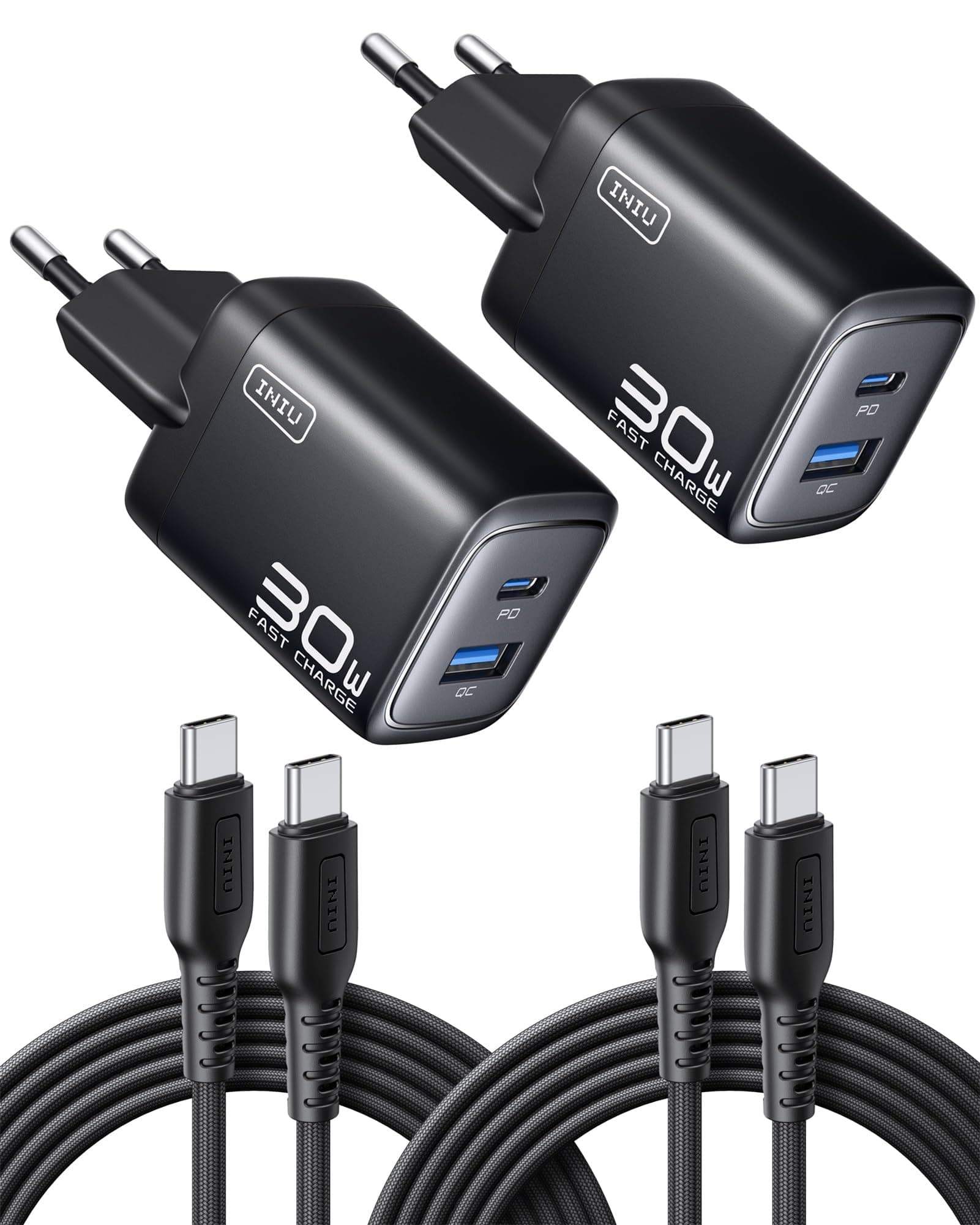 INIU 30W USB C Ladegerät, 2-Pack [USBC + USBA] Schnellladegerät mit Kabel, GaN PD Mehrfach Netzteil, USB C Charger für iPhone 17 16 Pro Max, iPad Pro, MacBook Air, Galaxy S25 S24 S23 Ultra, Google etc