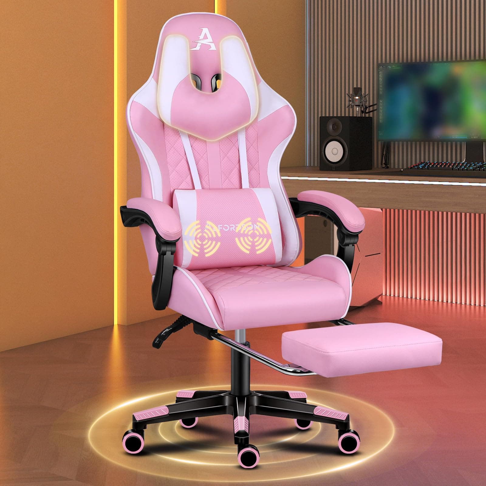 ALFORDSON Gaming-Stuhl mit Fußstütze und Lendenwirbelkissen, ergonomischer Computer-Bürostuhl mit 150° Neigung, Videospiel-Schreibtischstuhl mit hoher Rückenlehne, 180 kg Tragkraft, Rosa