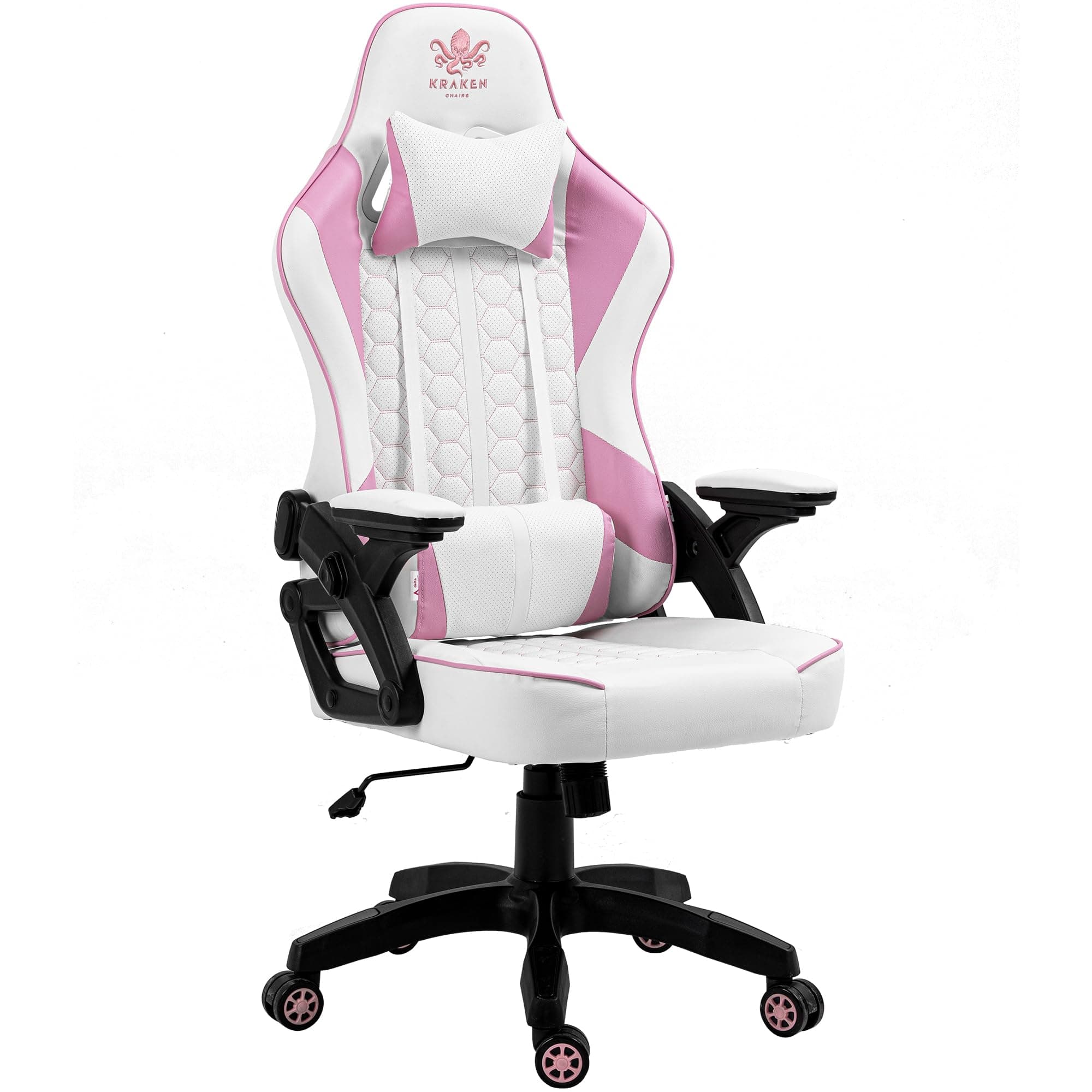 KRAKEN CHAIRS Gaming Stuhl Kunstleder - Weiss-Rosa - Bürostuhl - Ergonomisch Computer Stuhl Gamer - 130 kg Belastbarkeit - Gamerstuhl - Gamingsessel - Gaming Chair Ergonomic - Gamingstuhl - PC-Stuhl