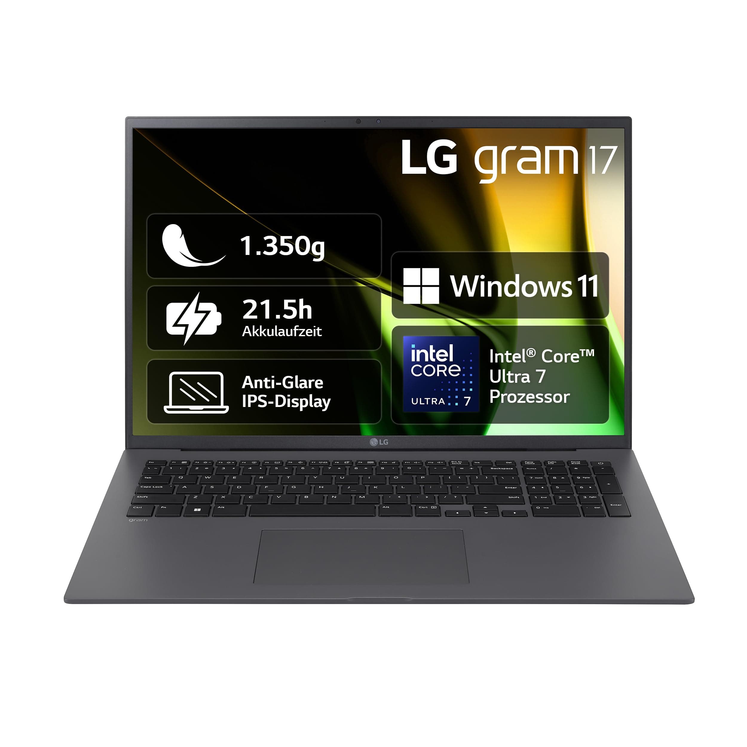 LG gram 17 Zoll Laptop mit Windows 11 Pro Intel Core Ultra 7 Prozessor 16GB LPDDR5x RAM 1TB Dual SSD 17Z90S-G.AA79G - Grau