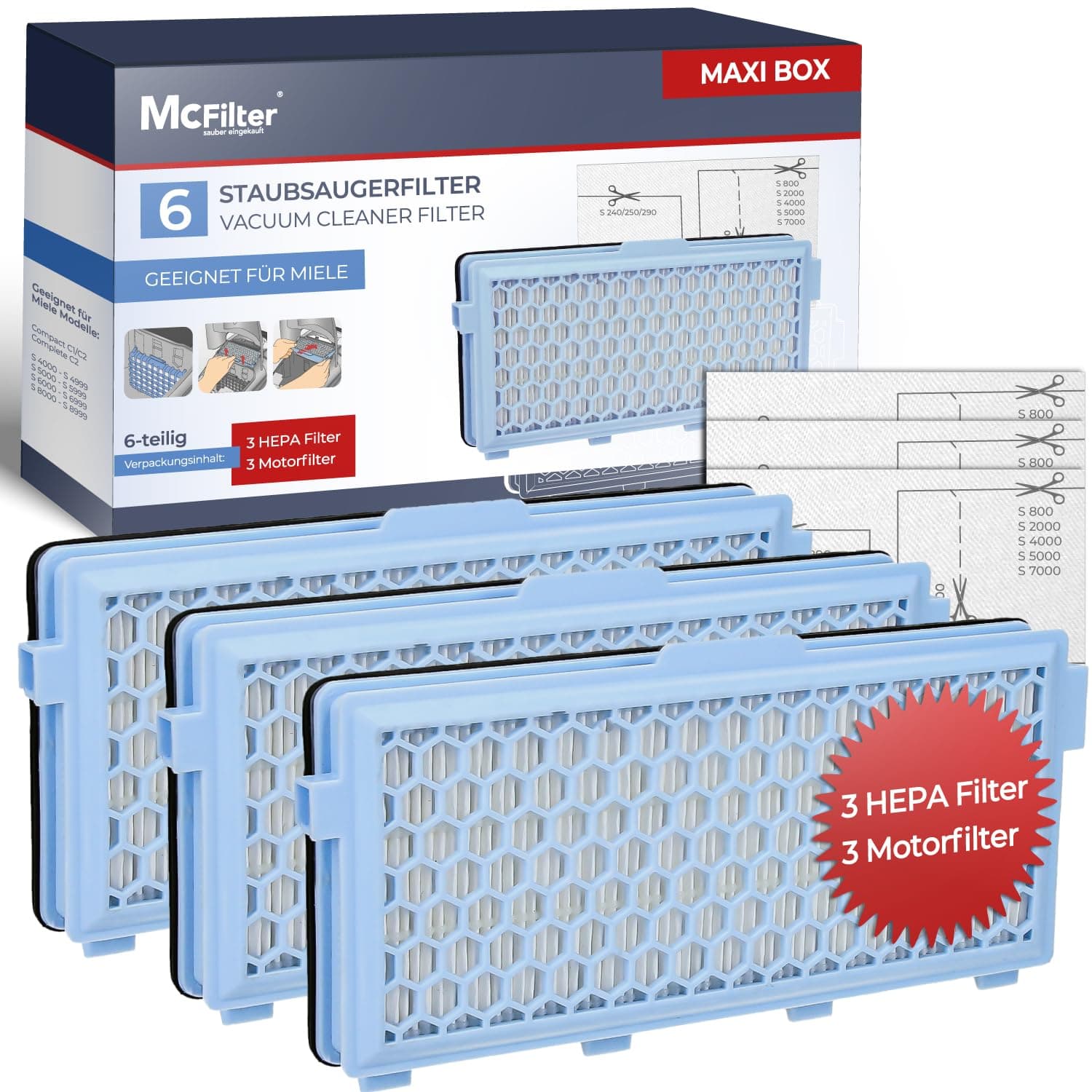 McFilter I 3 HEPA Filter kompatibel mit Miele Compact C1 C2, Complete C2, S8340, S8360 S4000, S5000, S6000, S8000 Serie, S2, S3, S4, S5, S6 Serie, Staubsauger I Alternative für SF-HA 50, SF-AP 50