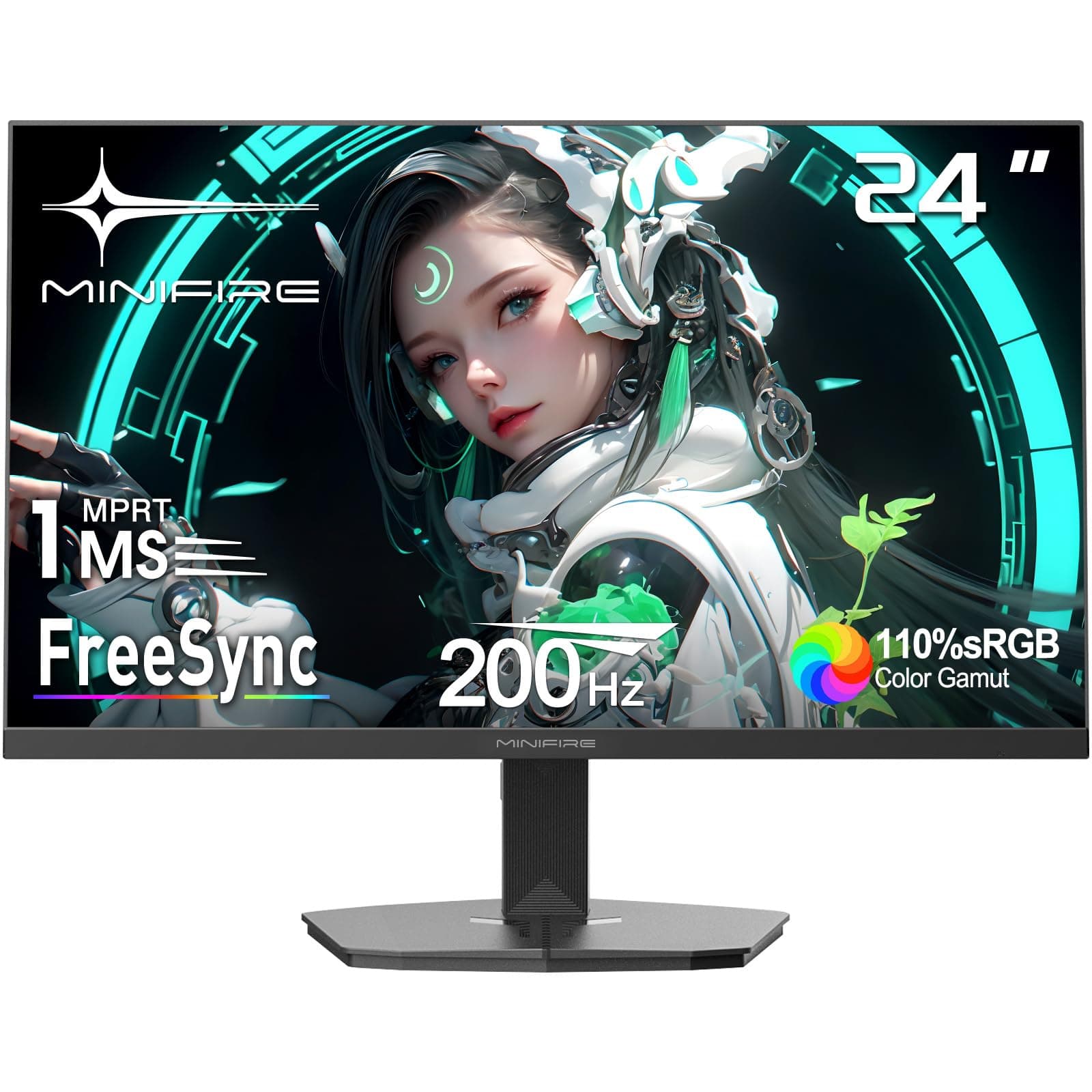 Minifire Gaming Monitor 24 Zoll, 200 Hz, 1ms, FreeSync, Full HD(1920 x 1080), Rahmenlos Bildschirm, Einstellbar, 300Nits, sRGB 110%, HDMI 2.0&DP 1.4-(MFG24F4H)