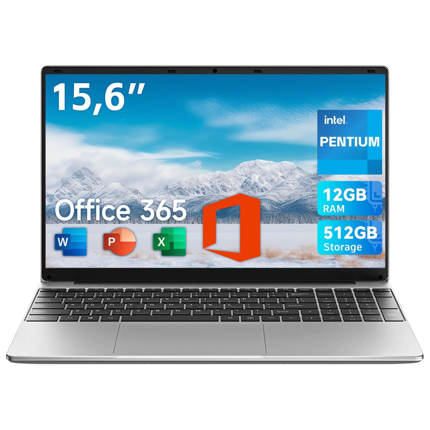 jumper 2025 Laptop 15,6 Zoll FHD Display, 12 GB RAM 512 GB ROM, Office 365, Prozessor 6500Y Notebook(bis zu 2,4 GHz), Akku 38 Wh, 2 Stereo-Lautsprecher, USB 3.0, Type-C, Digitale Tastatur