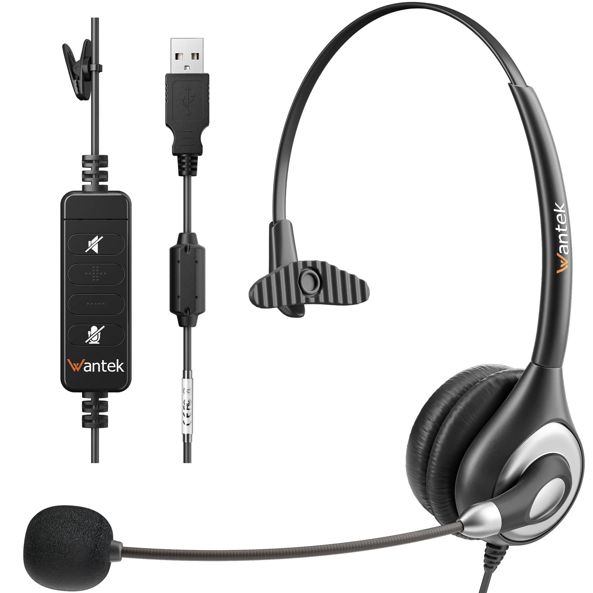 Wantek Headset mit Mikrofon 601N Mono USB Typ-C Headset für PC Computer Laptop mit Noise Cancelling Mikrofon und Anrufsteuerung für Call Center Business Online Konferenz