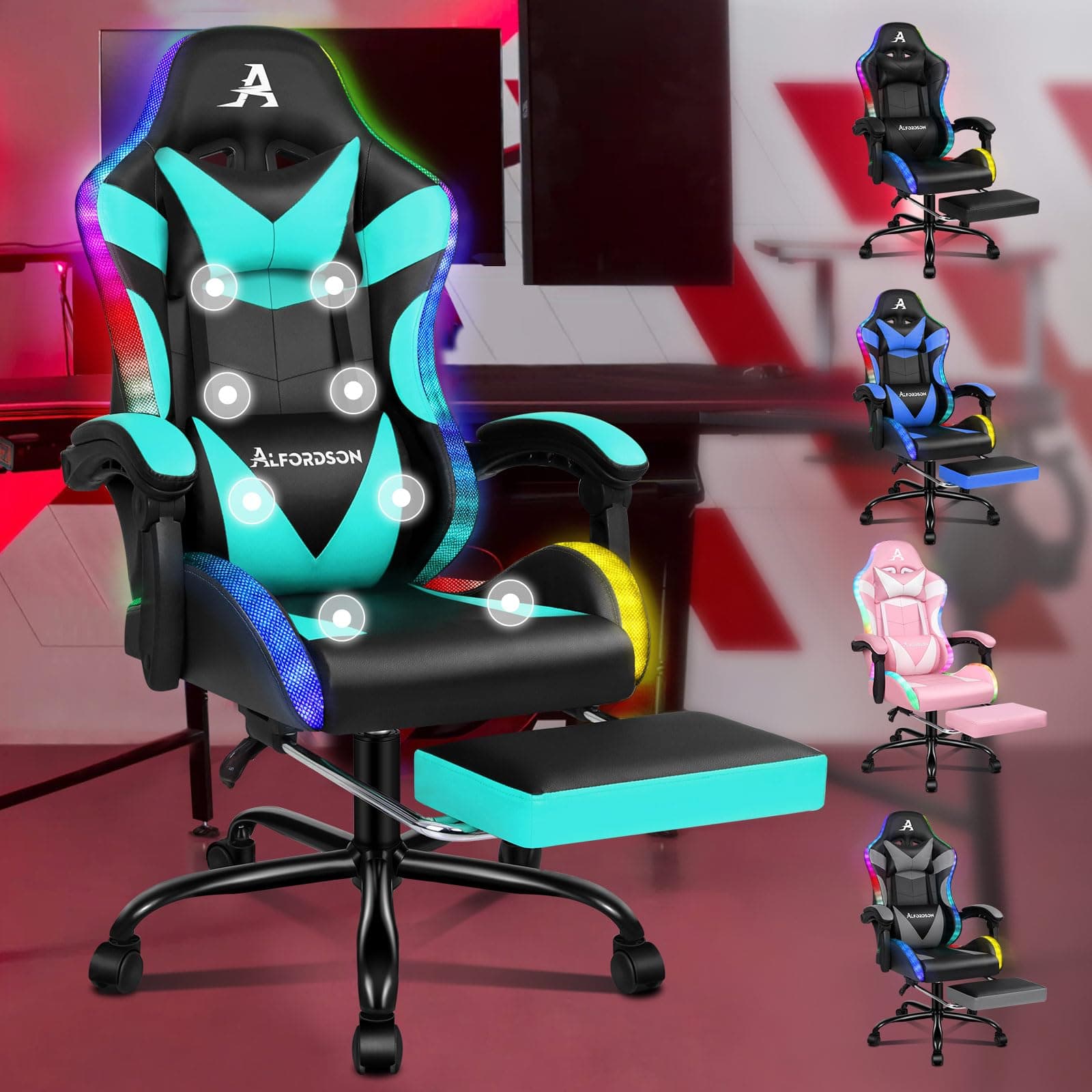 ALFORDSON Gaming-Massagestuhl, Massage-Rennstuhl mit LED, ergonomischer Schreibtischstuhl mit 150° Neigung, einziehbarer Fußstütze, PU-Leder, höhenverstellbar, 180 kg Tragkraft, Cyan