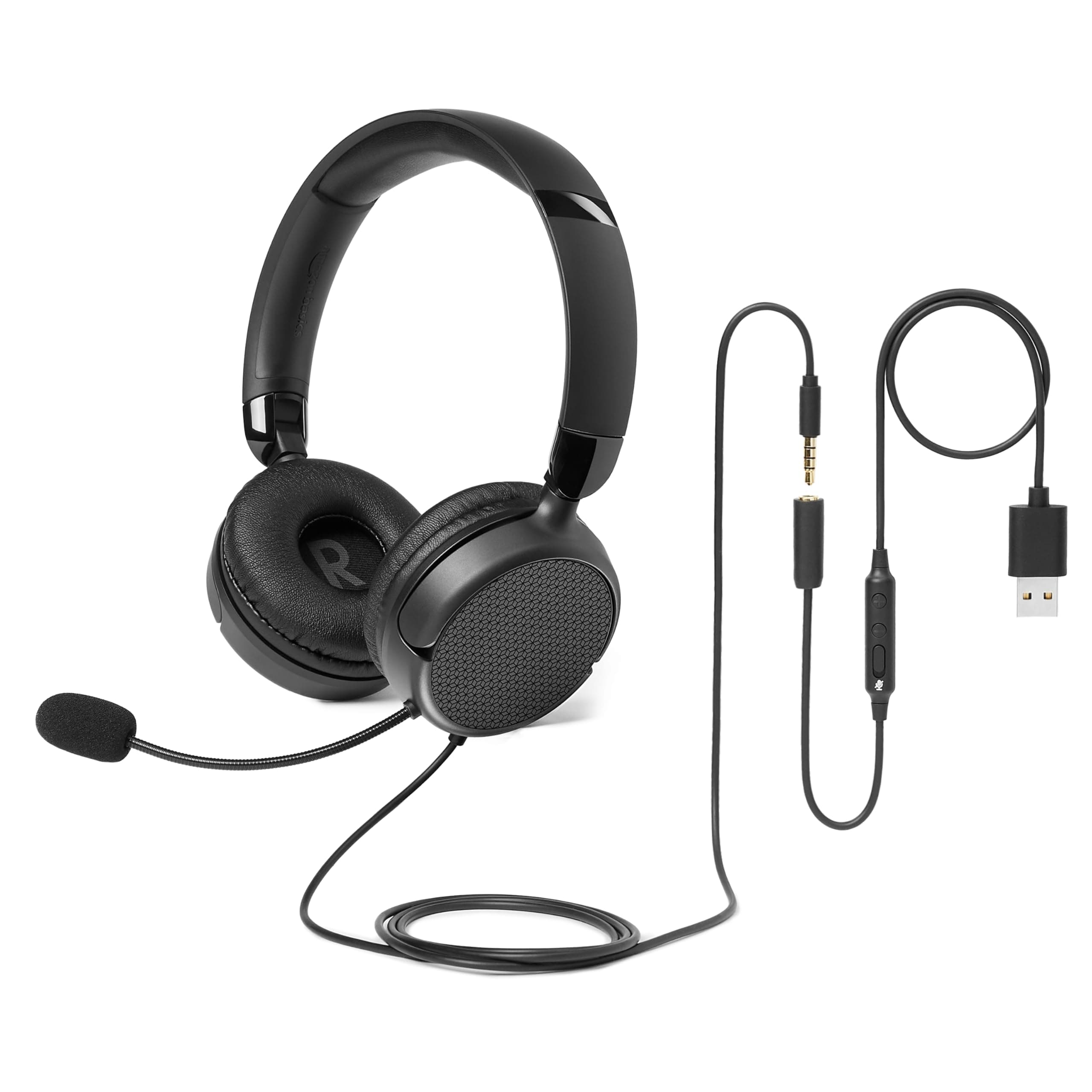 Amazon Basics On-Ear-Computer-Headset mit Kabel, Verstellbares Mikrofon, 3,5-mm-Anschluss oder Steuerung über Kabel mit USB-A-Anschluss, Faltbar, Klein/Mittelgroß, Schwarz
