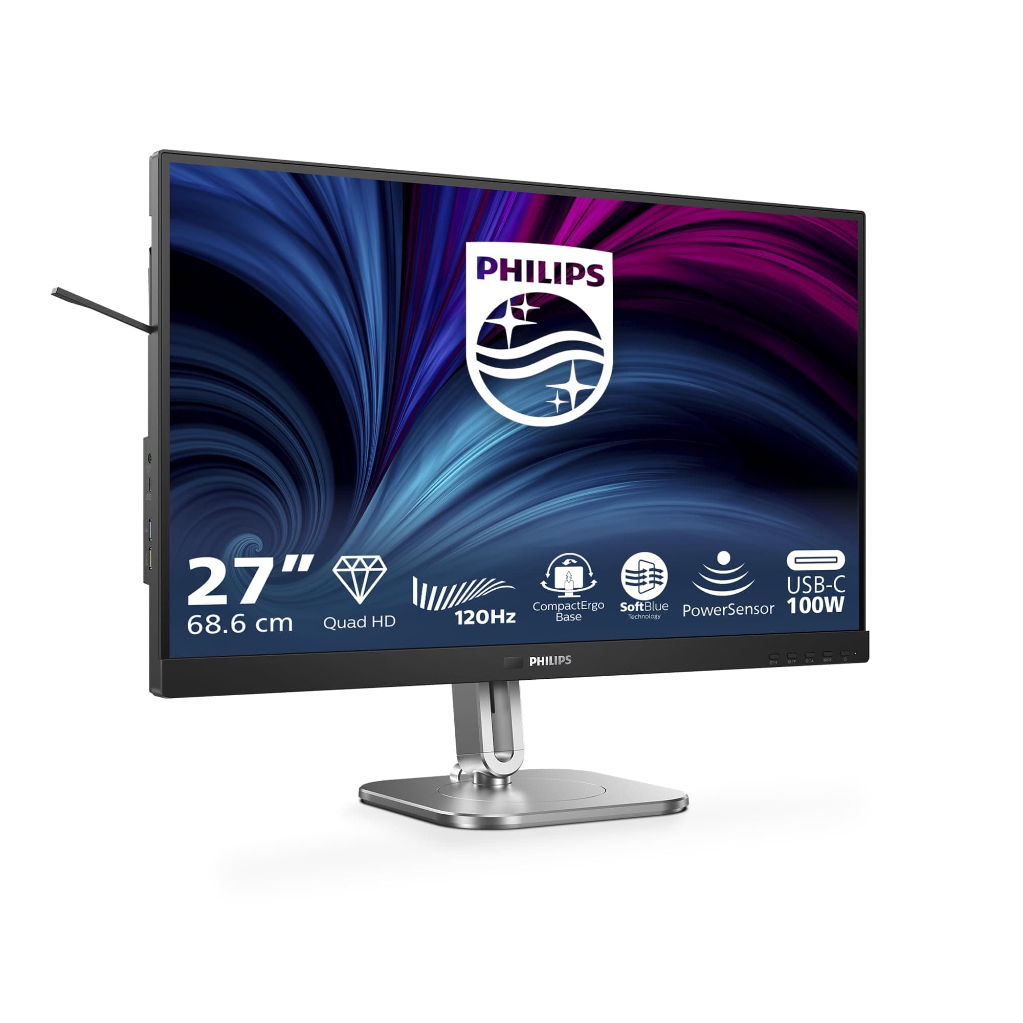 Philips 27B2U4601 – 27 Zoll Quad-HD-Monitor, 150 mm höhenverstellbar, Lautsprecher (2560 x 1440, 120 Hz, 1 x HDMI 2.0, 1 x DP 1.2, 1 x DP-Ausgang, 1 x USB-C (96 W PD), USB-Hub, RJ45) schwarz