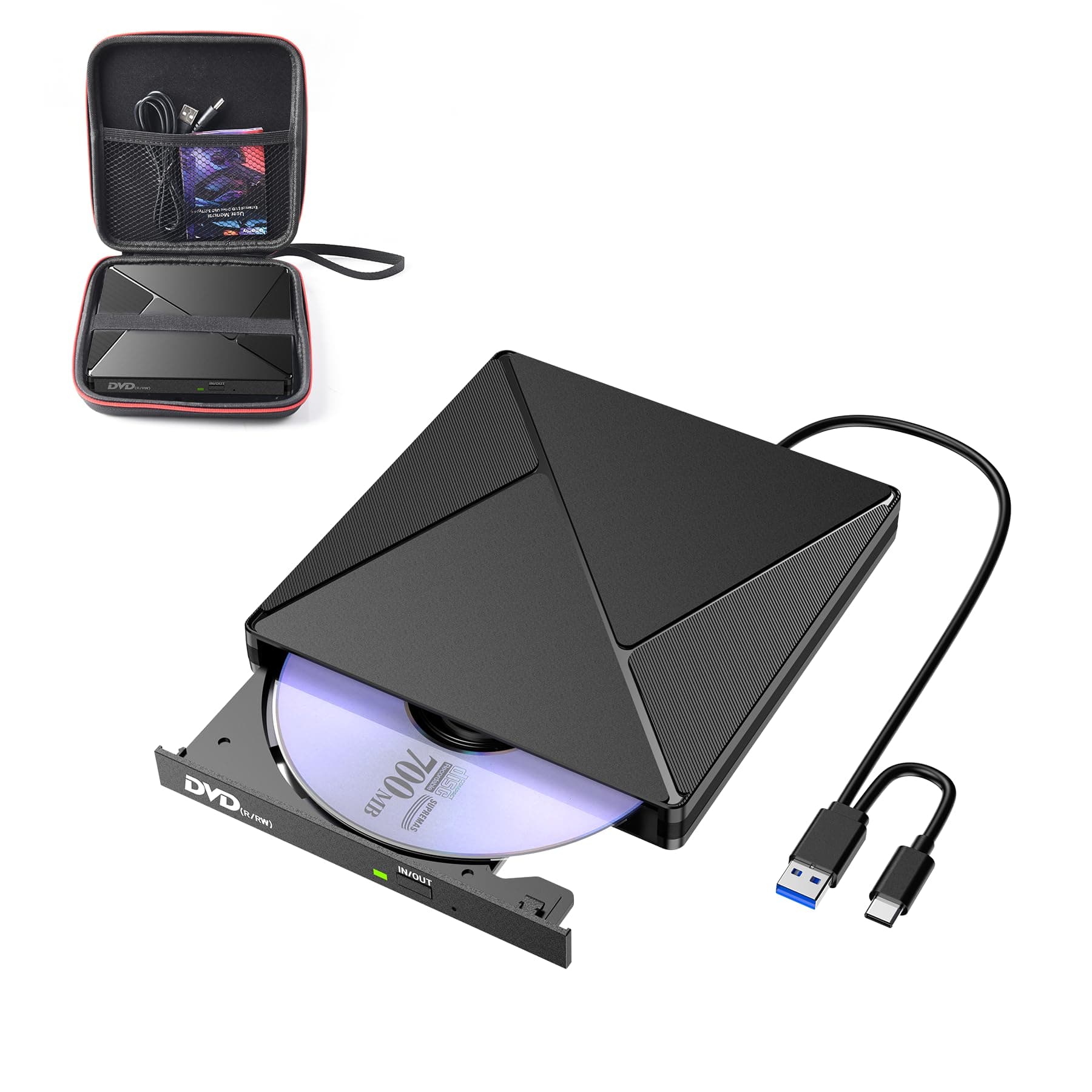 BHHB Externes CD Laufwerk USB3.0 & USBC CD/DVD Laufwerk Extern, CD DVD +/-RW ROM Brenner Optical External DVD Drive für Laptop, PC, Desktop, MacBook, iMac, Windows10/8/7/XP/Linux/MacOS mit Tragetasche