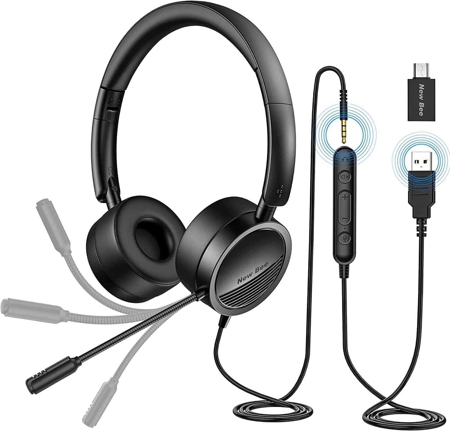 New Bee PC Headset mit Mikrofon USB/3,5mm Business Headset Noise Cancelling & Klare Stereo-Sound für Call Center Office Telefonkonferenzen Skype-Chat Webinar-Präsentationen Online-Kurse(5 Stücks)