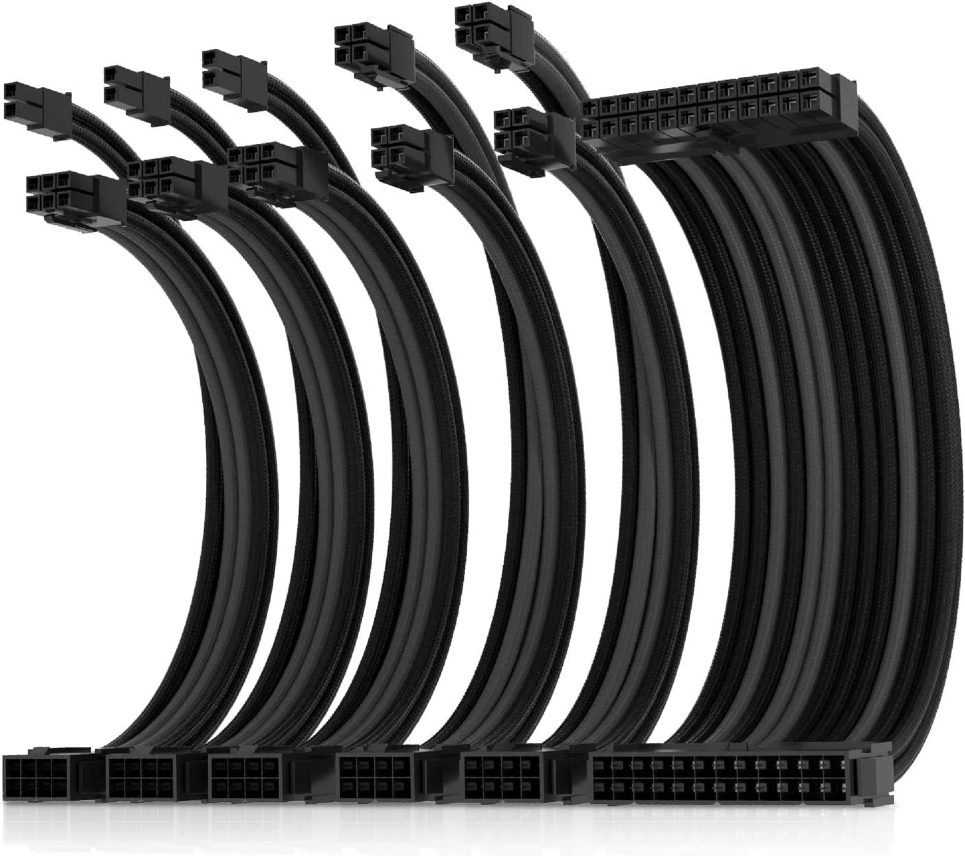 AsiaHorse Aktualisierung 16AWG Sleeved Cable Kit für PC/GPU/CPU, PSU Kabelverlängerung, PC Netzteil Extensions Kabel mit Kabelkämmen,24PIN/(6+2) PIN/(4+4) PIN Kabelmanagment, 30CM, Schwarz+Grau