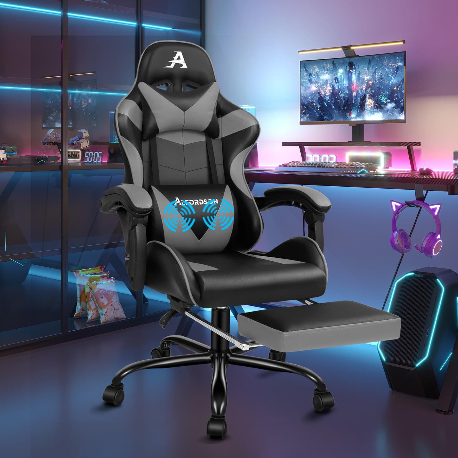 ALFORDSON Racing Game Chair, neigbar und höhenverstellbar, ergonomischer Gaming-Bürostuhl, gepolsterte Fußstütze, 180 kg Tragkraft, Grau