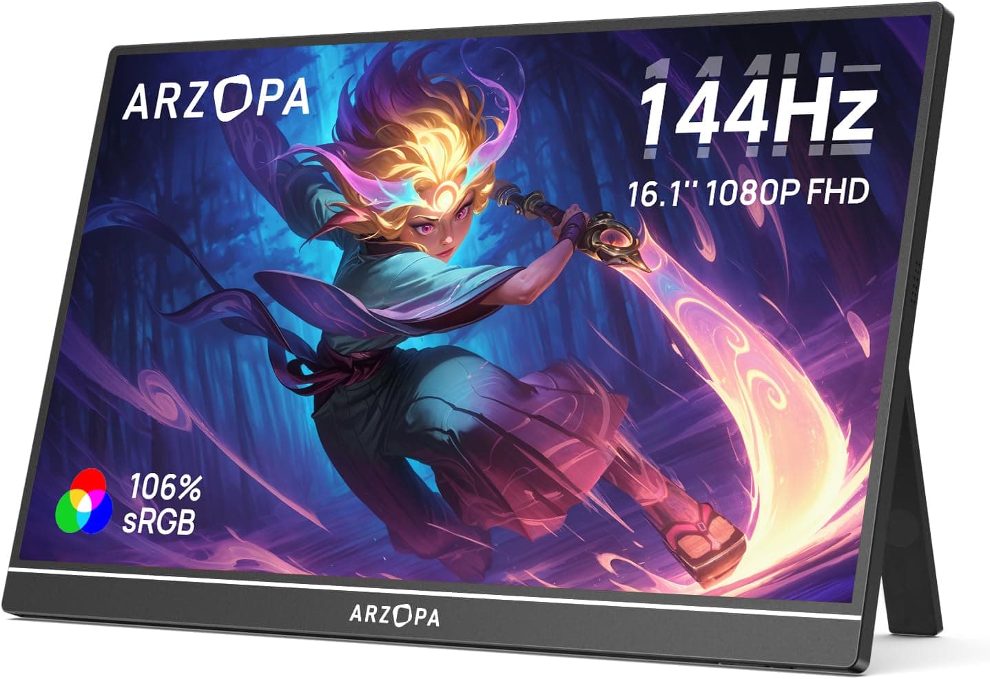 ARZOPA 16.1'' 144Hz Tragbarer Monitor mit Einem Standfuß, 106% sRGB 1920×1080P FHD HDR 144HZ Gaming Monitor, Ultra-dünn - Augenschutz-Externer Zweiter Bildschirm für Laptop/PC/Mac/PS3/4/5/Xbox - Z1FC