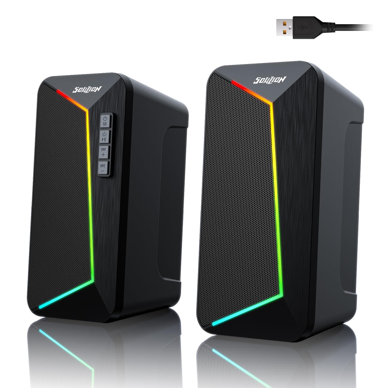 SOULION R40 Computer Lautsprecher, 2.0 USB-betriebene, Beleuchtung für PC mit Lautstärkeregler Taste, Bluetooth 5.3, Surround Sound für Laptop,Tablets,Smartphone