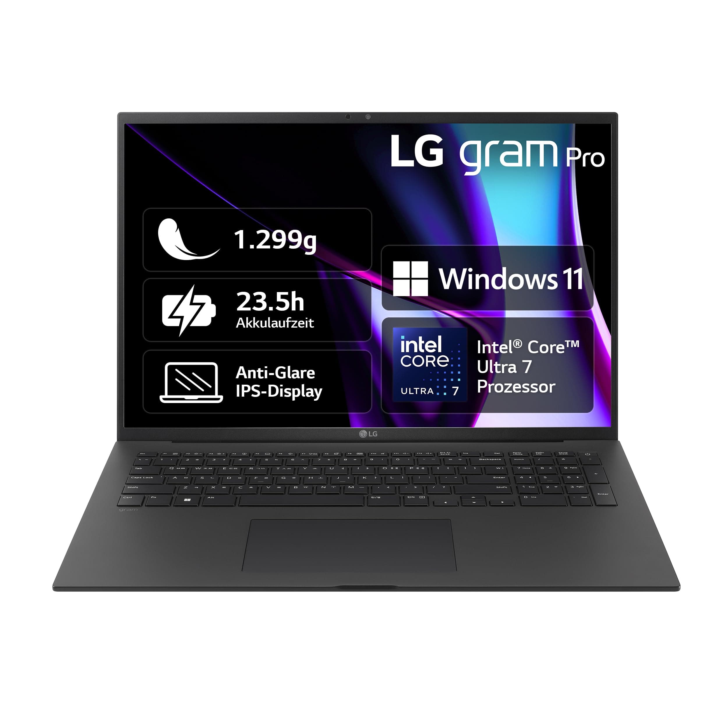 LG gram Pro 17 Zoll Laptop mit Windows 11 Home Intel Core Ultra 7 Prozessor 16GB LPDDR5x RAM 1TB Dual SSD 17Z90SP-G.AA78G - Schwarz
