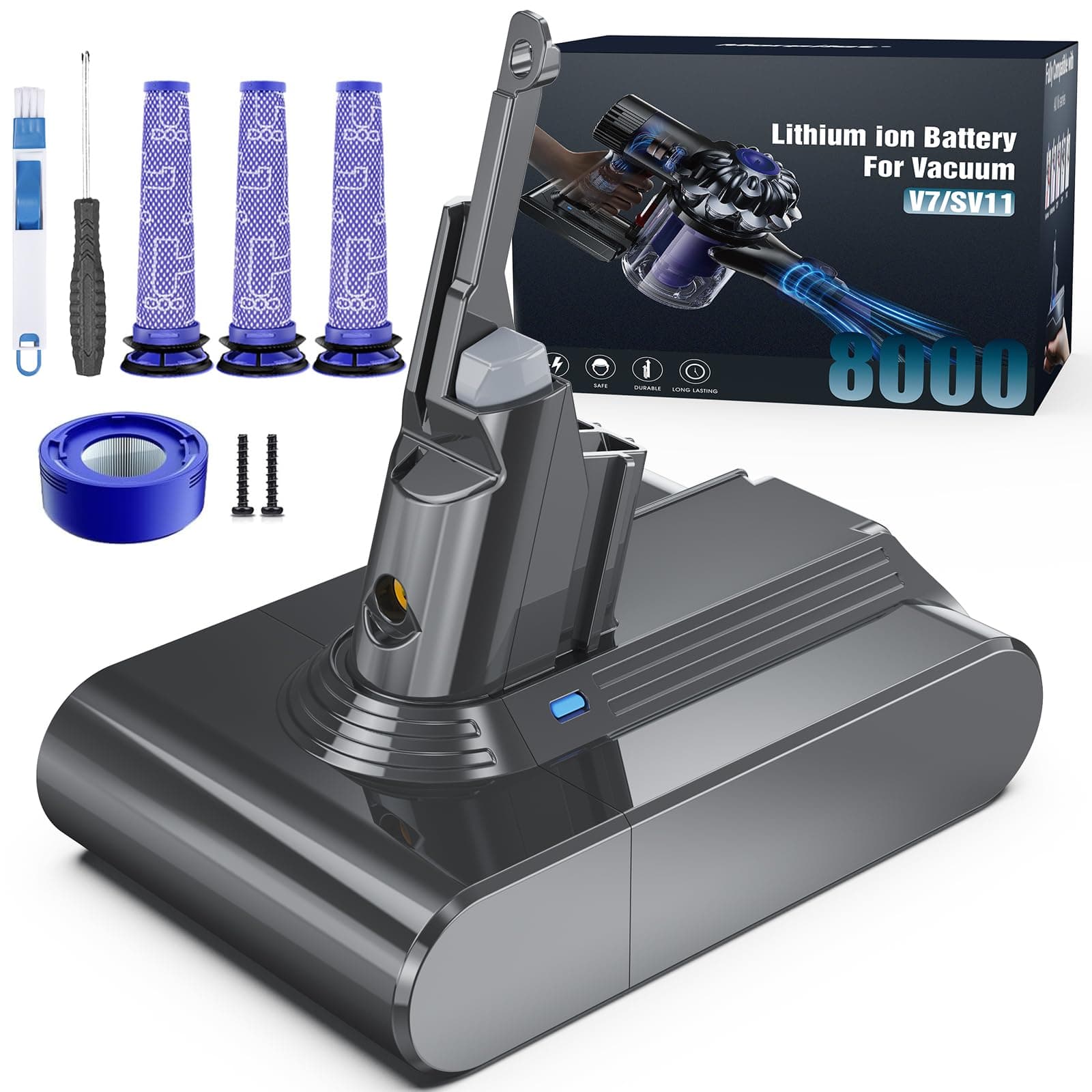 8000mAh V7 Akku, Ersatzakku für Dyson V7 SV11 Animal Motorhead Pro Trigger Fluffy Matress Car+Boat Staubsauger mit 3 Filtern