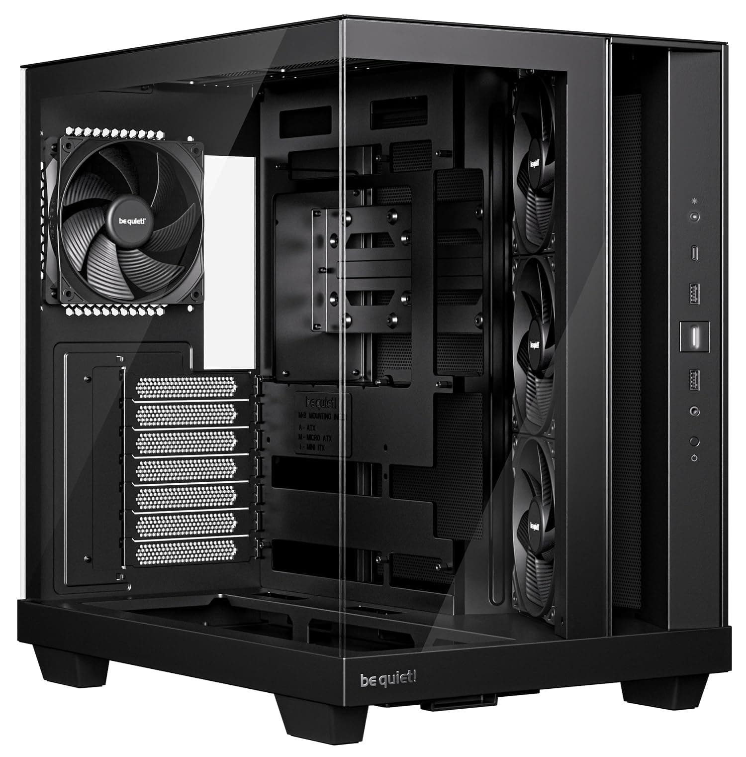 be quiet! Light Base 500 Black PC-Gehäuse, vollständig verglaste Front und Seitenfenster, Show Case, Dual Chamber Design, 4 Pure Wings 3 PWM-Lüfter, kein RGB, Anschlussdesign auf der Rückseite