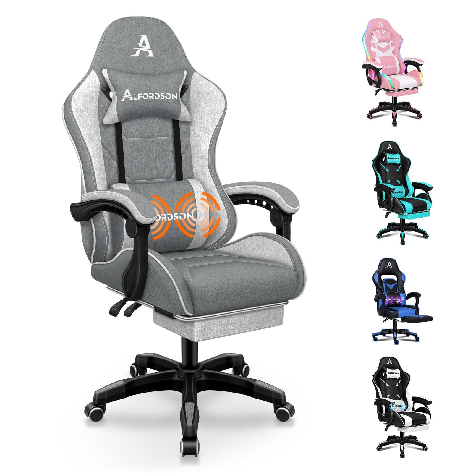 ALFORDSON Gaming Stuhl, Drehstuhl, Massagesessel, Ergonomischer Gamerstuhl mit einziehbarer Fußstütze, Kopfstütze, Massage-Lendenkissen, 180kg Tragkraft,Grau