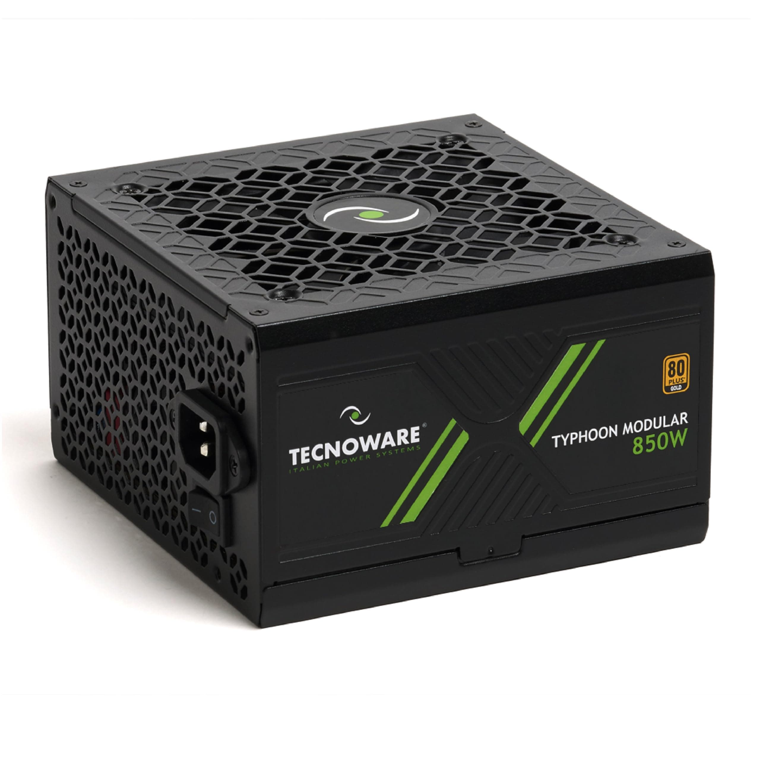 Tecnoware Netzteil Typhoon 850W, 80 Plus Gold, Vollmodular, Gaming, Leiser 12cm-Lüfter, Japanische Kondensatoren 105°C, DC-DC-Schaltung, Flachkabel