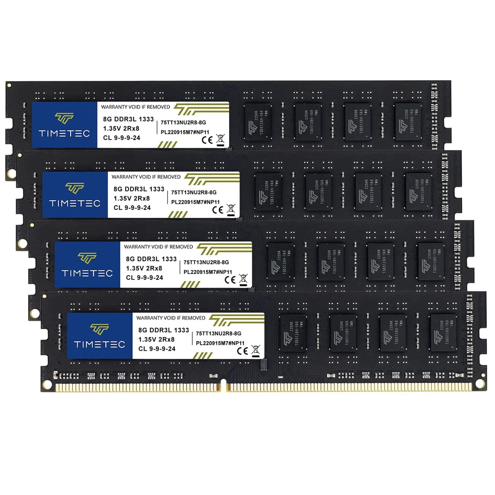Timetec 32GB KIT(4x8GB) DDR3/DDR3L 1333 MHz PC3-10600 Non-ECC Ungepuffert 1,5V/1,35V CL9 2Rx8 Dual Rank 240 Pin UDIMM PC-Desktop-Computer-Speicher RAM-Modul-Upgrade