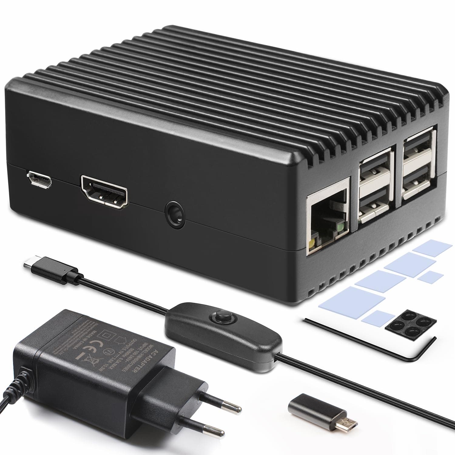 Gehäuse für Raspberry Pi 3 B+ 3b, Metallmaterial, mit Adapter 5 V, 3 A, USB C, mit Ein-/Aus-Schalter, für Raspberry Pi 3 4 GB Model B