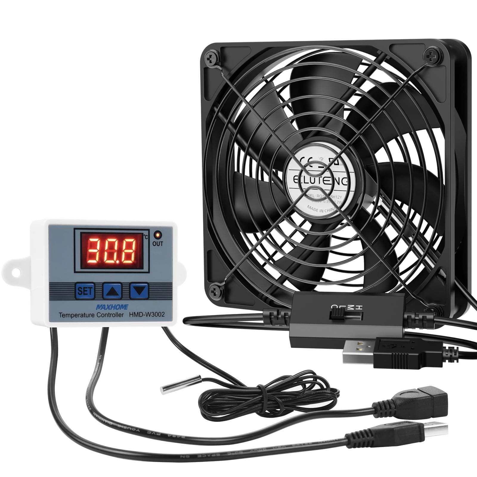 ELUTENG USB Lüfter 120mm mit Digitaler Temperaturregler, USB Ventilator 12cm Gehäuselüfter mit 3 Einstellbare Geschwindigkeiten für PS5/Laptop/TV Box/AV Schrank/Router