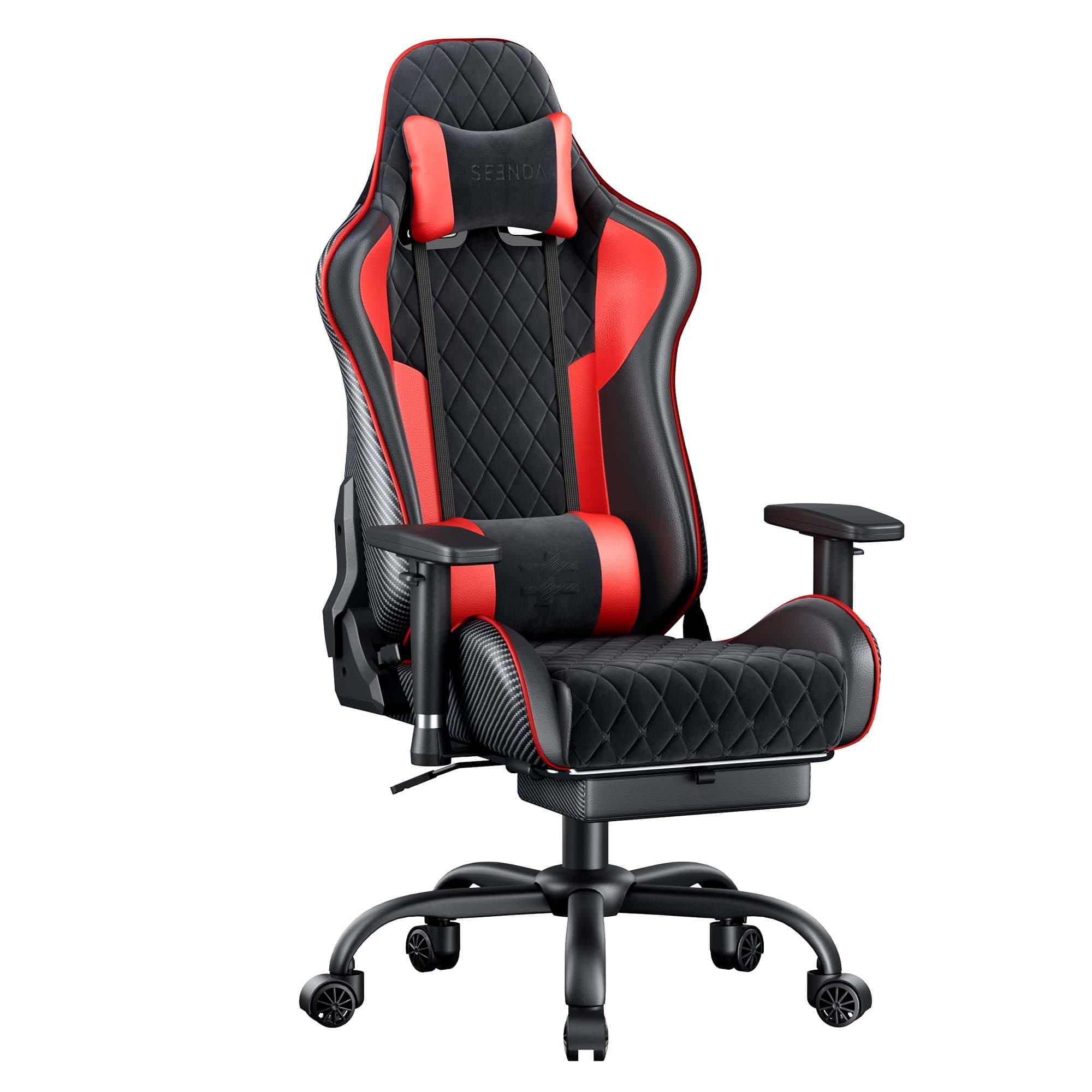 seenda GCPro-10 Gaming-Stuhl Bürostuhl | 145° Stufenlos Verstellbar mit Fußstütze | Full-Metal Rahmen 150 kg | 2D Armlehnen | Kopf-Lendenkissen | PC Gaming Stuhl Carbon Design (Schwarz + Rot)