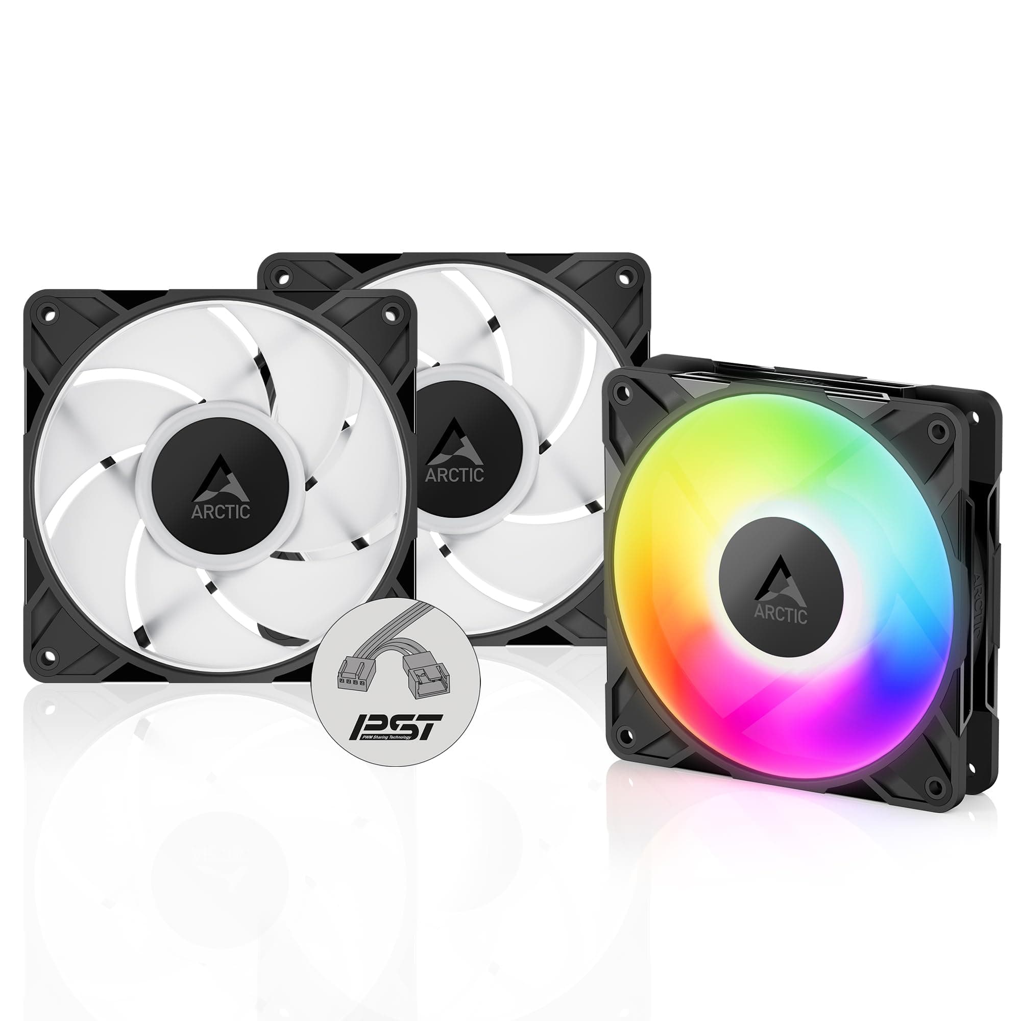 ARCTIC P12 Pro A-RGB (3 Stück) - Leistungsstarker Premium PC Lüfter, 120 mm PWM Case Fan mit Y-Kabelsplitter, 600–3000 rpm, 0 rpm <5% PWM, 5V Digital RGB, Hydrodynamisches Gleitlager, 4-Pin - Schwarz