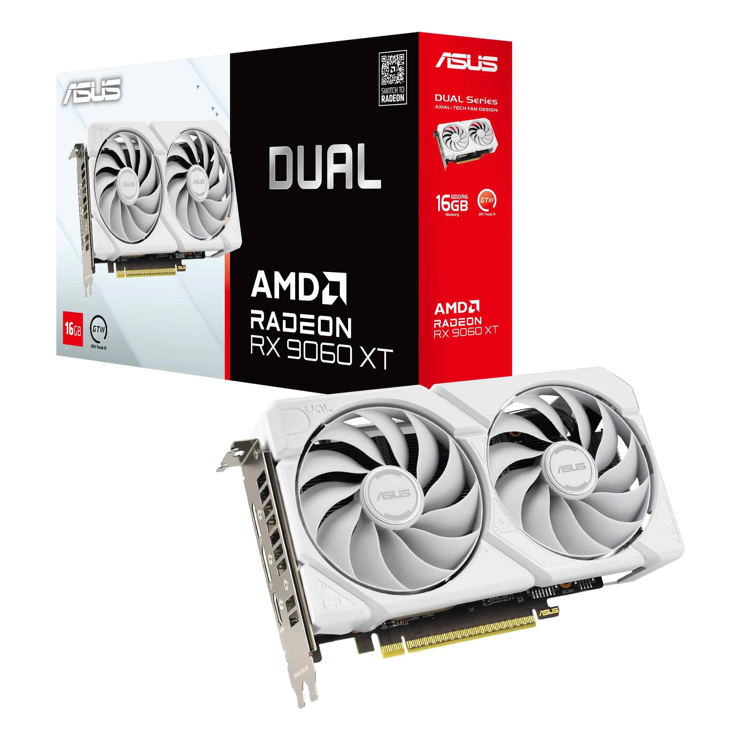 ASUS Dual Radeon RX9060XT 16G GDDR6 White Gaming Grafikkarte (AMD Radeon RX9060XT, AMD RDNA 4 Architektur, 2,5-Slot Design, DUAL BIOS, PCIe 5.0, 1x HMDI 2.1b, 2X DisplayPort 2.1a, weiß)