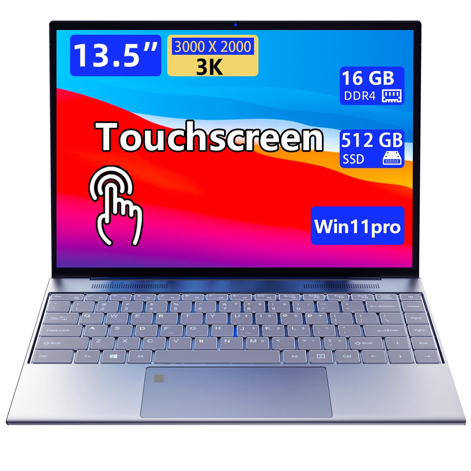 13,5-Zoll tragbarer Touchscreen-Laptop, (16 GB RAM, 512 GB SSD), 3K (3000×2000) IPS, Celeron N95-Prozessor mit bis zu 3,4 GHz, hintergrundbeleuchtete Tastatur, Fingerabdruckentriegelung, W11