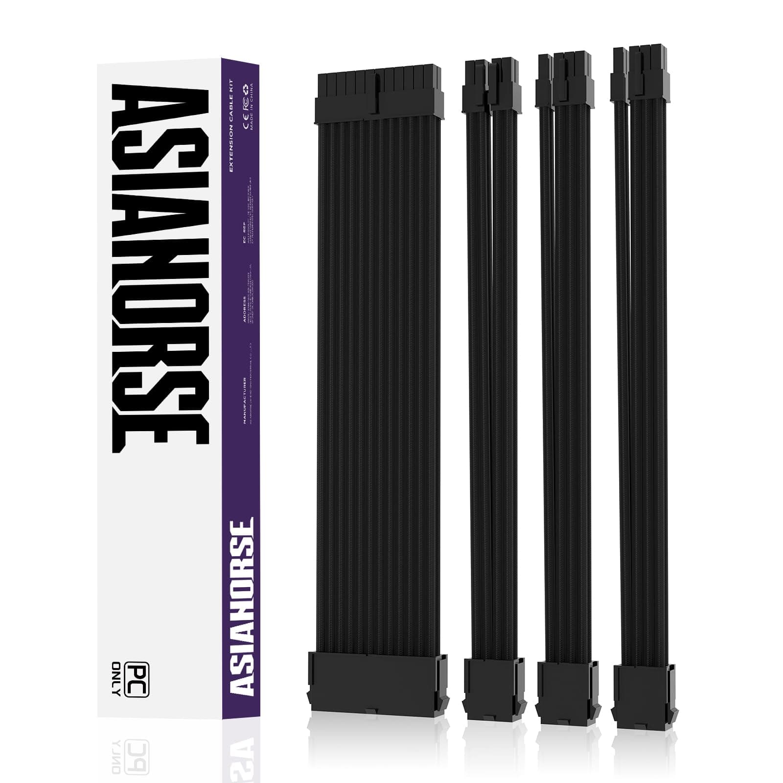 AsiaHorse PSU Kabelverlängerung, PC Sleeved Cable Kit für GPU/CPU, 16AWG Netzteil Cable Extensions mit Kabelkämmen, 24PIN/ (6+2) PIN/ (4+4) PIN Kabelmanagment, 30CM,Schwarz