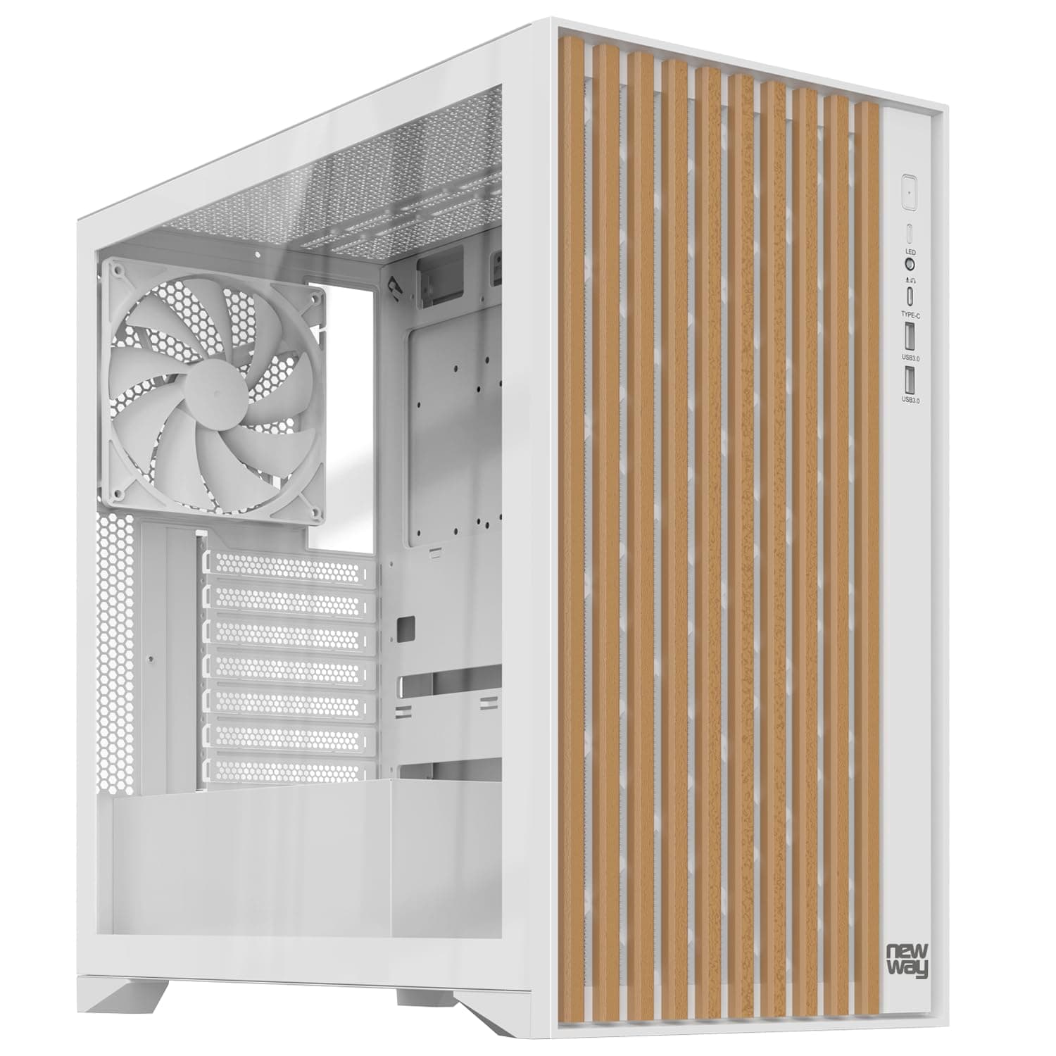 NEWWAY - NW1 PC-Gehäuse aus Holz - Mittlere Tower kompatibel mit ATX/Micro-ATX/ITX – Typ C USB – Lüfter inklusive 3 x 140 mm PWM – Seitenpanel aus gehärtetem Glas (weiß)