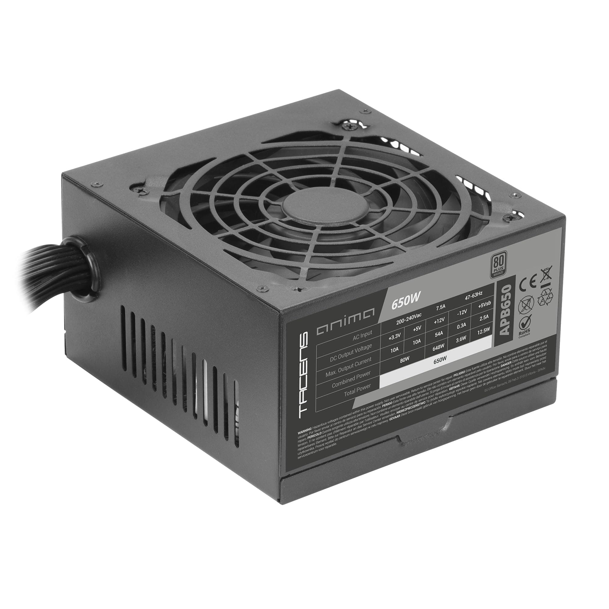 Tacens Anima APB650, PC ATX Netzteil 650W, 80Plus Bronze Zertifizierung, 85% Effizienz, SMD- und DC-DC-Technologien, Ultra-leiser 12cm Lüfter, Extra-Lange Flachkabel, Komplett in Schwarz