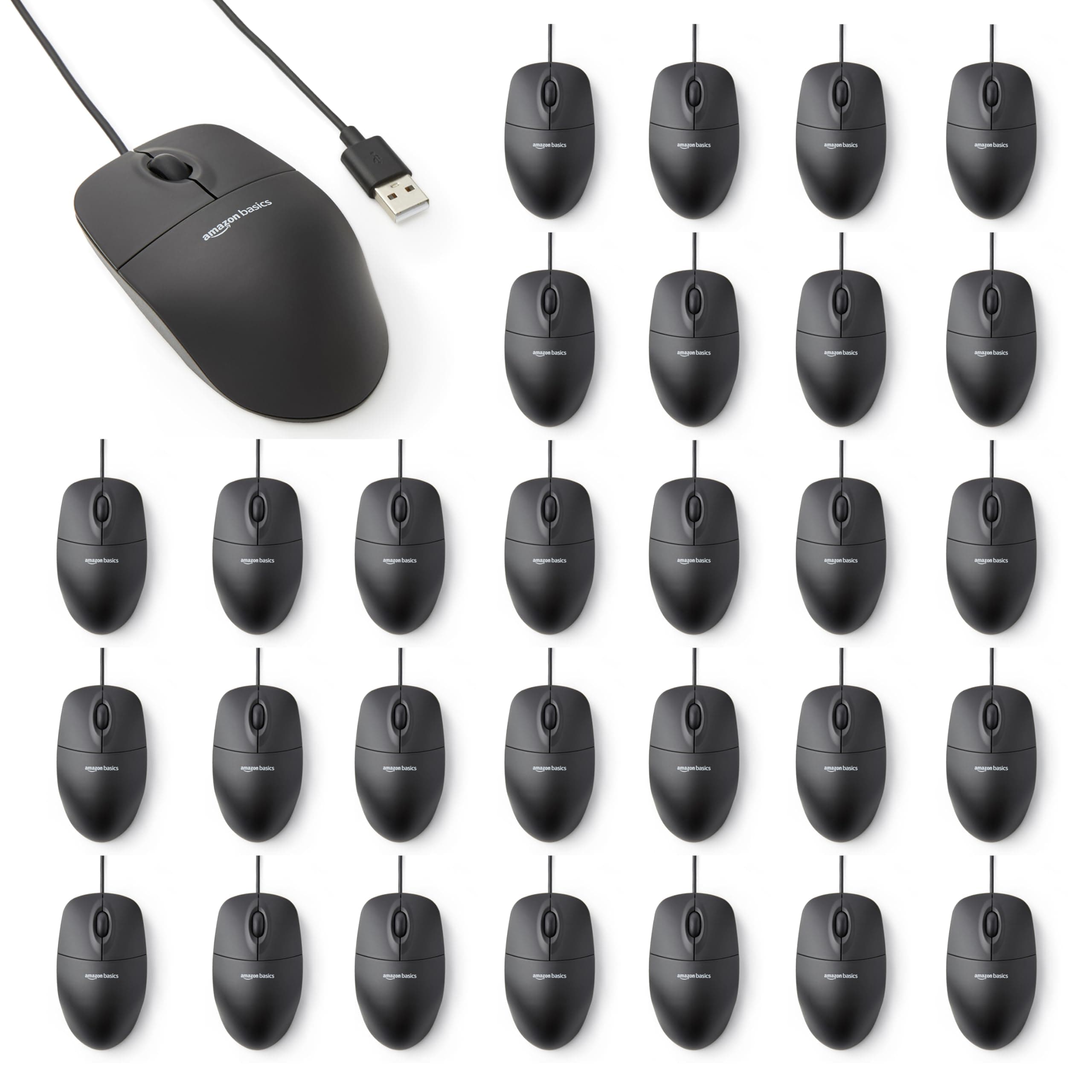 Amazon Basics USB-Maus mit DREI Bedienelementen, verkabelt, (Schwarz), 30er-Pack