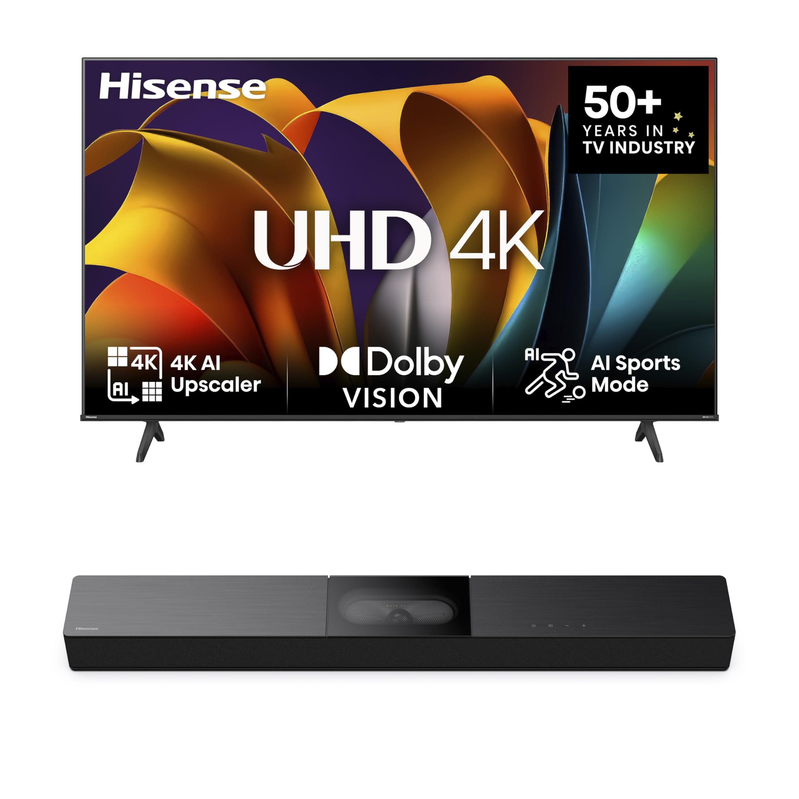 Hisense Bundle 75E6NT 189cm (75 Zoll) Fernseher, 4K UHD Smart TV, HDR, Dolby Vision, 60Hz [2024] HS2000 2.1 Kanal Soundbar, integrierter Subwoofer, 240W, Dolby Audio, Bluetooth, HDMI ARC