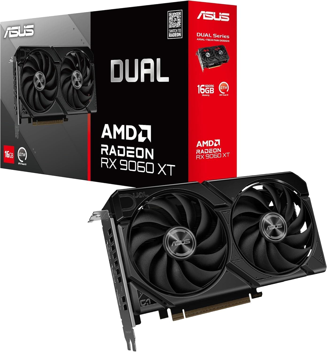 ASUS Dual Radeon RX9060XT 16G GDDR6 Gaming Grafikkarte (AMD Radeon RX9060XT, AMD RDNA 4 Architektur, 2,5-Slot Design, DUAL BIOS, PCIe 5.0, 1x HMDI 2.1b, 2X DisplayPort 2.1a, DUAL-RX9060XT-16G)