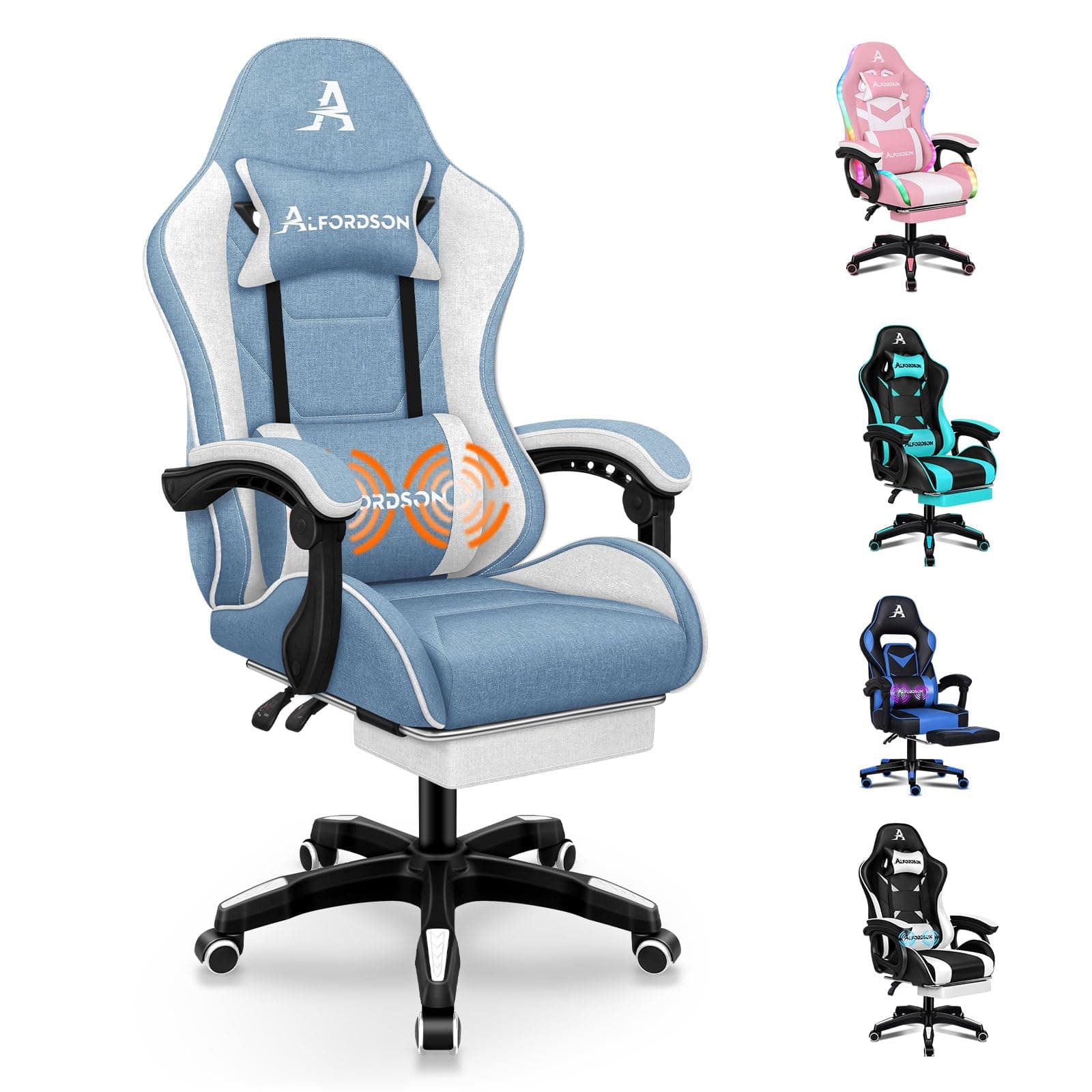 ALFORDSON Gaming Stuhl, Drehstuhl, Massagesessel, Ergonomischer Gamerstuhl mit einziehbarer Fußstütze, Kopfstütze, Massage-Lendenkissen, 180kg Tragkraft, Blau