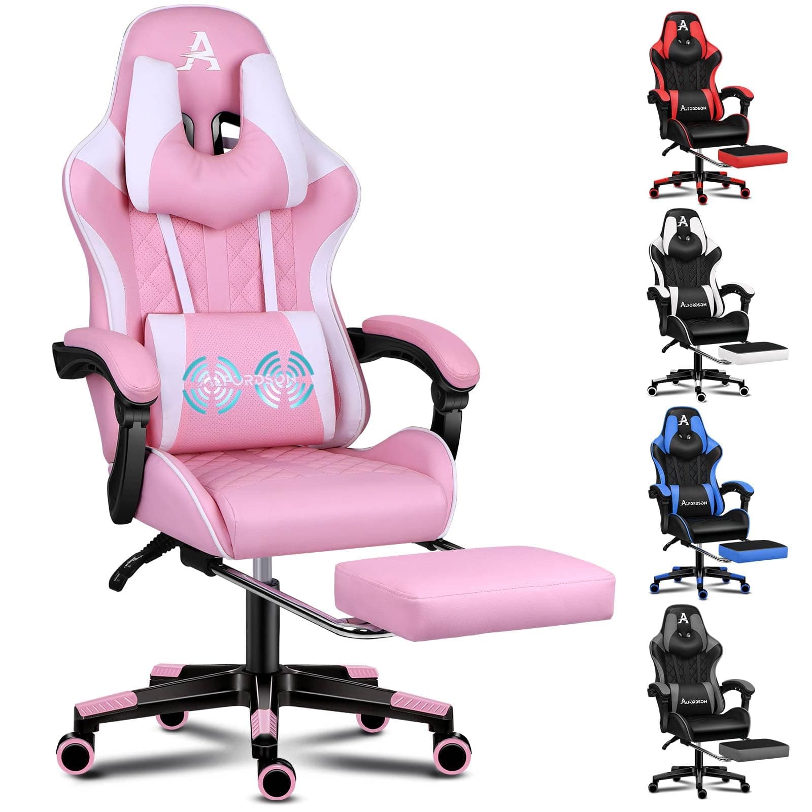 ALFORDSON Bequemer Gaming-Bürostuhl, Integrierte Fußstütze, Lendenwirbelkissen, 150° Neigungsverstellung, Ledersitz mit hoher Rückenlehne, Rosa