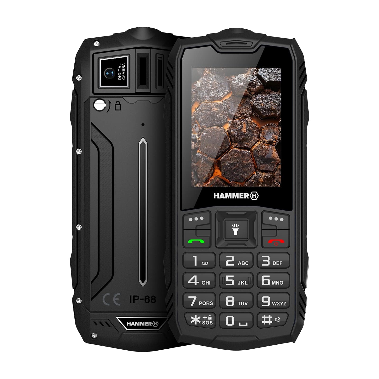 Hammer H Rock LTE Outdoor Handy ohne Vertrag, 3000mAh Akku, 64 GB, 2,4" IPS Display, große Tasten, SOS-Taste, Taschenlampe, FM-Radio, Bluetooth, USB-C, Dual SIM, IP68/MIL-STD-810H, Schwarz